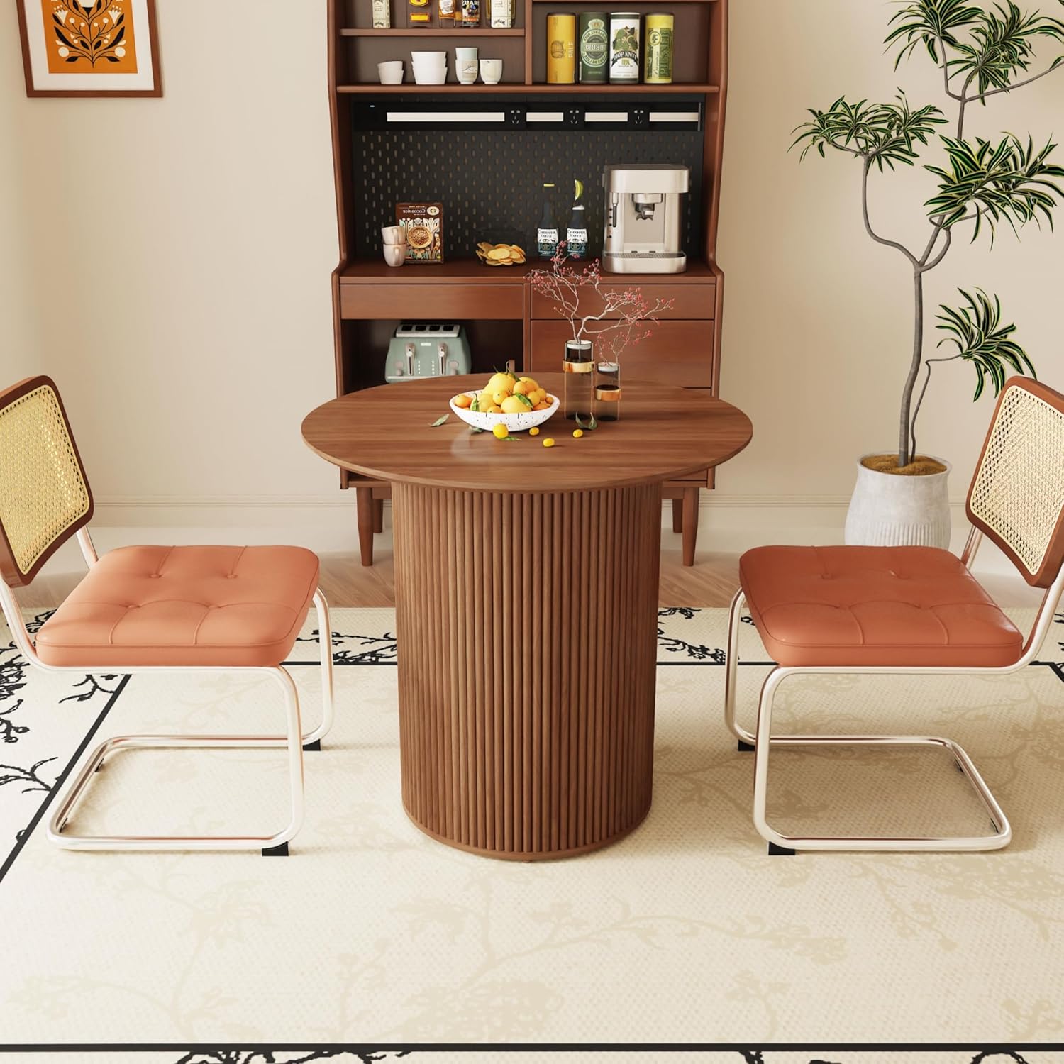 AVZEAR 31.5 Round Dining Table for 2 People, Small Kitchen Dinner Table with Fluted Wood Base, Farmhouse Circle Dining Tables for Home, Kitchen, Dining Room, Living Room (Walnut)