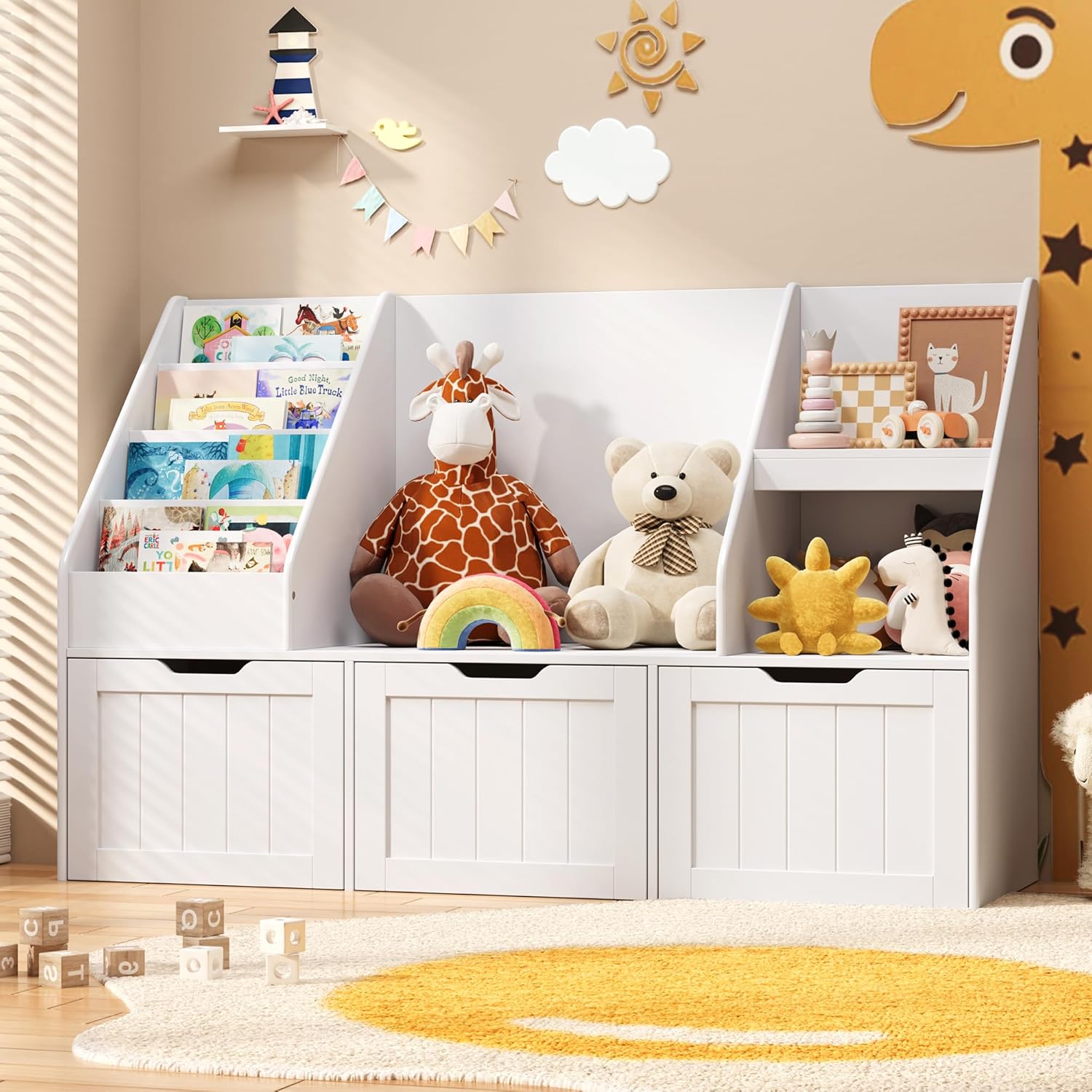 Gizoon Kids Bookshelf with Reading Nook, Kids Toy Storage Organizer with 3 Movable Drawers, Kids Reading Nook with Bench for Kidsroom Playroom and Bedroom, White
