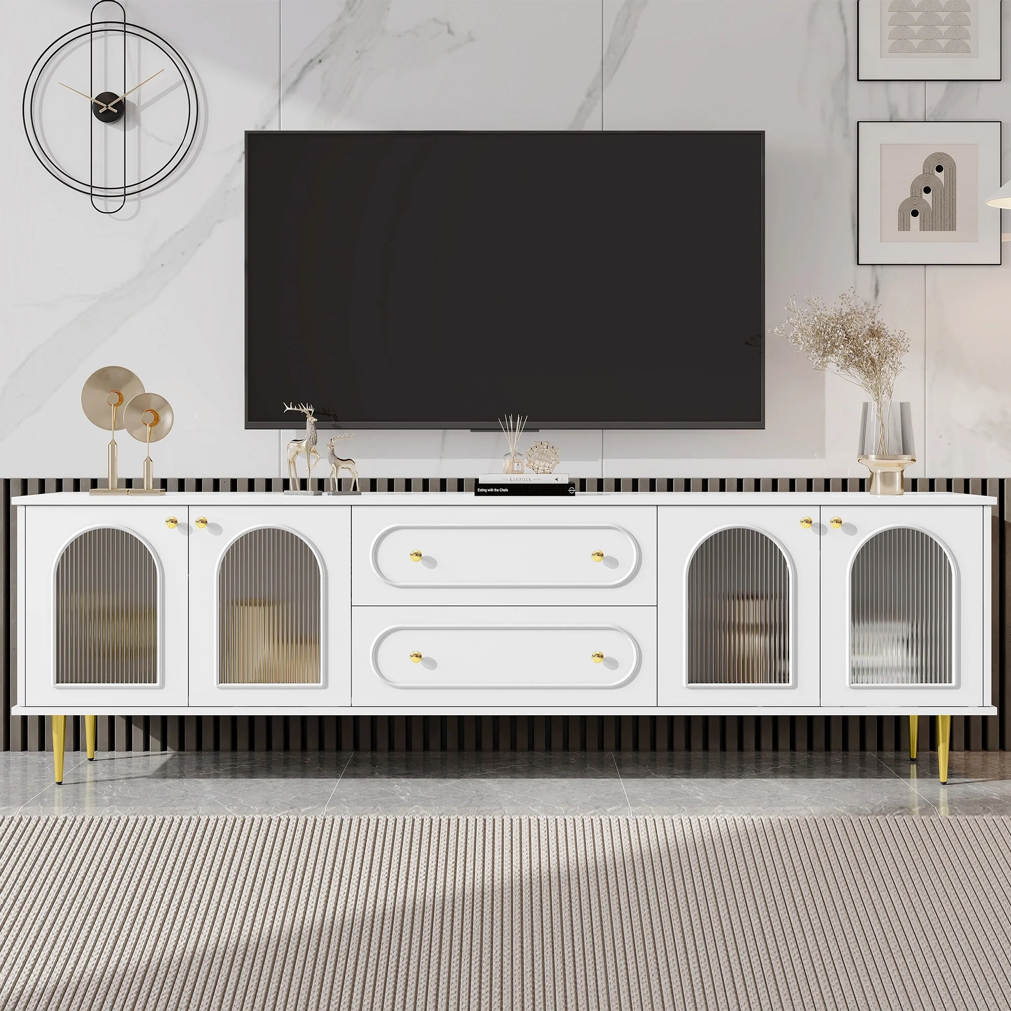 78.7'' Modern TV Stand, TV Cabinet with Five Metal Legs and Metal Handles, 2 Drawers and 2 Cabinets with Fluted Glass Doors