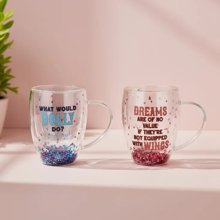 Dolly Parton Confetti Set of 2 Double Wall Glass Mugs