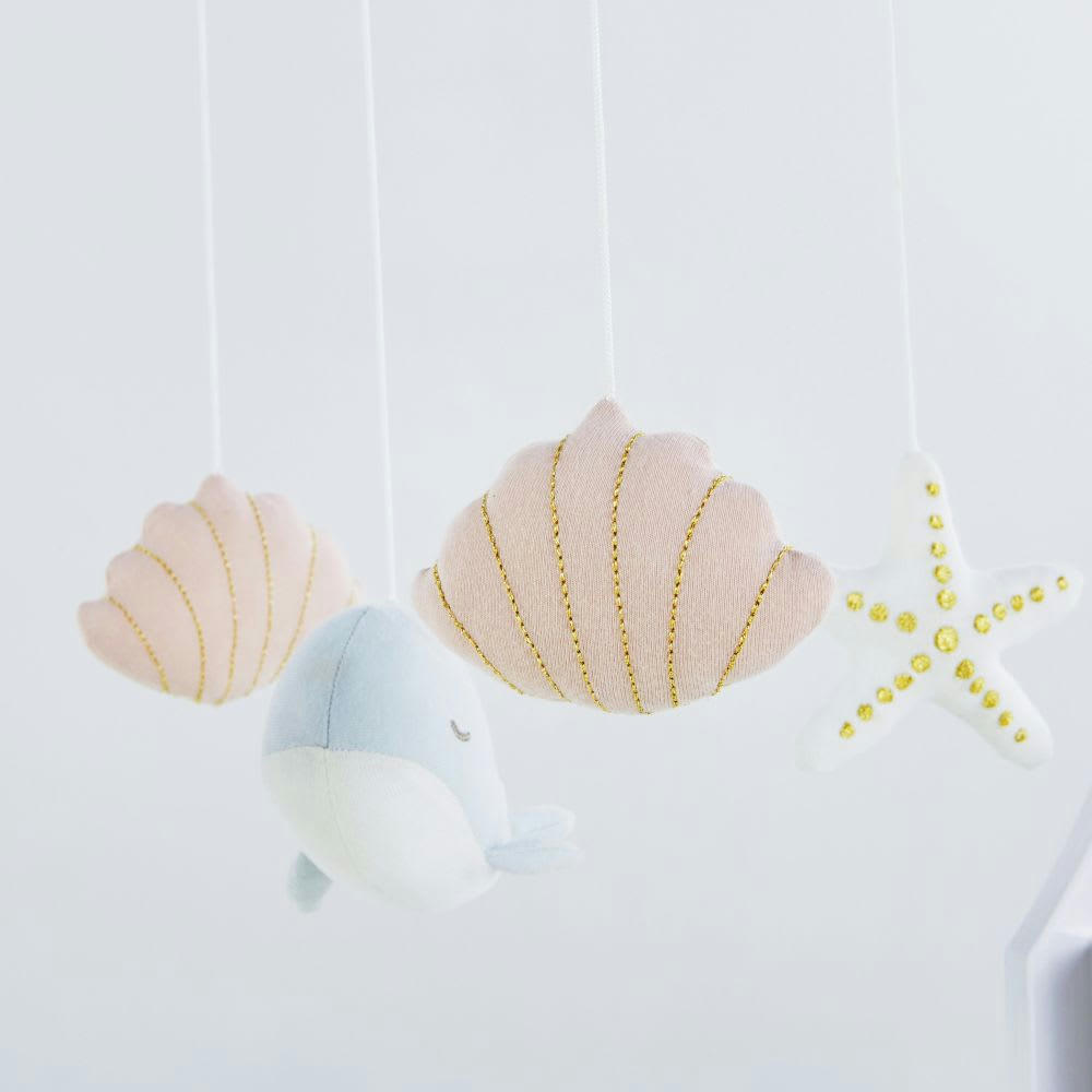 SAINT-MALO - Mobile musical bébé baleine, étoiles et pompons en coton bio multicolore