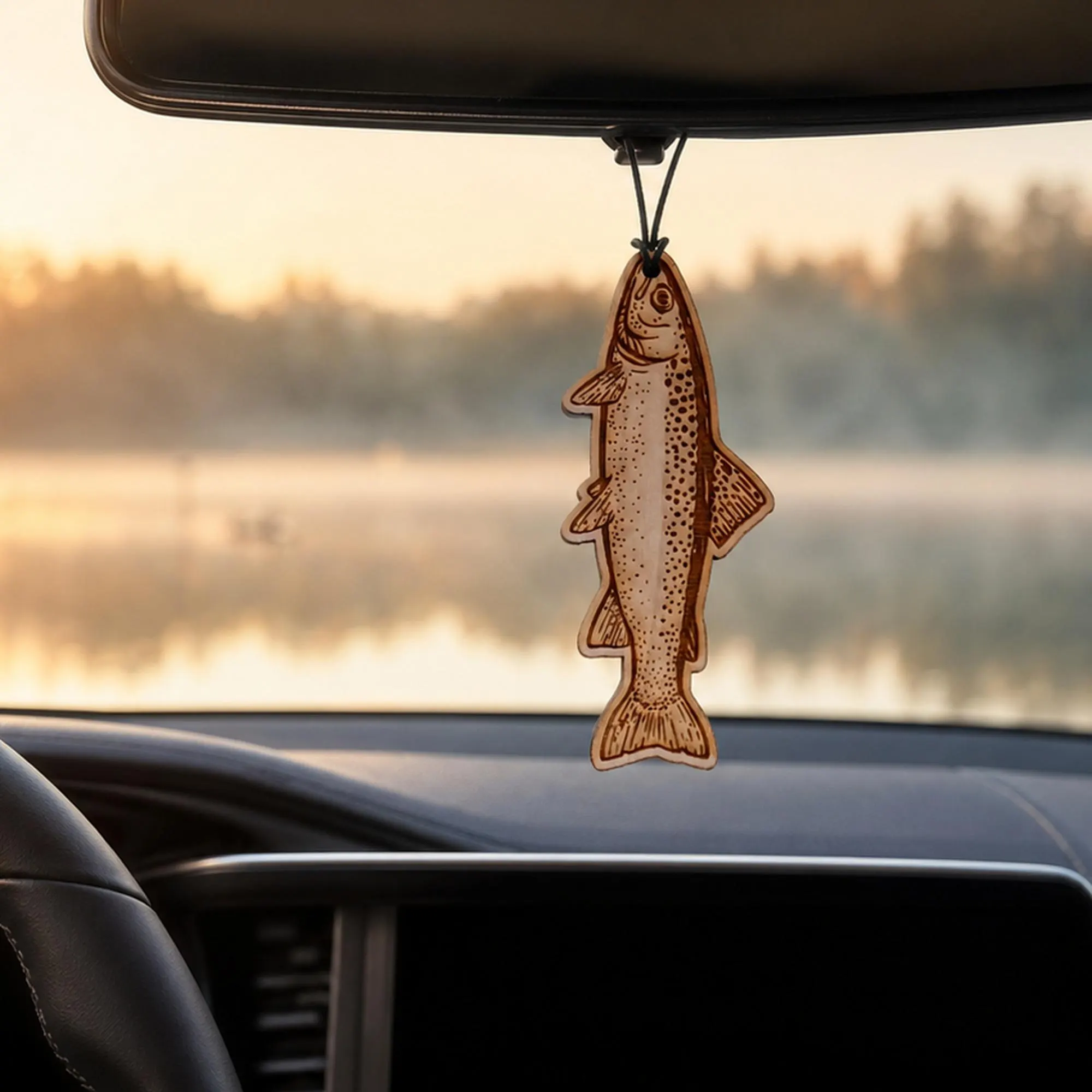 Trout Wooden Car Air Freshener – Laser Engraved Rearview Mirror Diffuser, Fisherman Gift