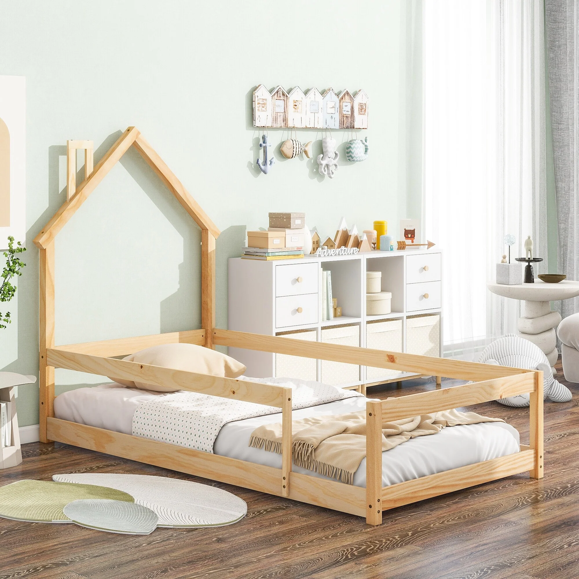 Twin Size House-Shaped Headboard Floor Bed with Guardrails
