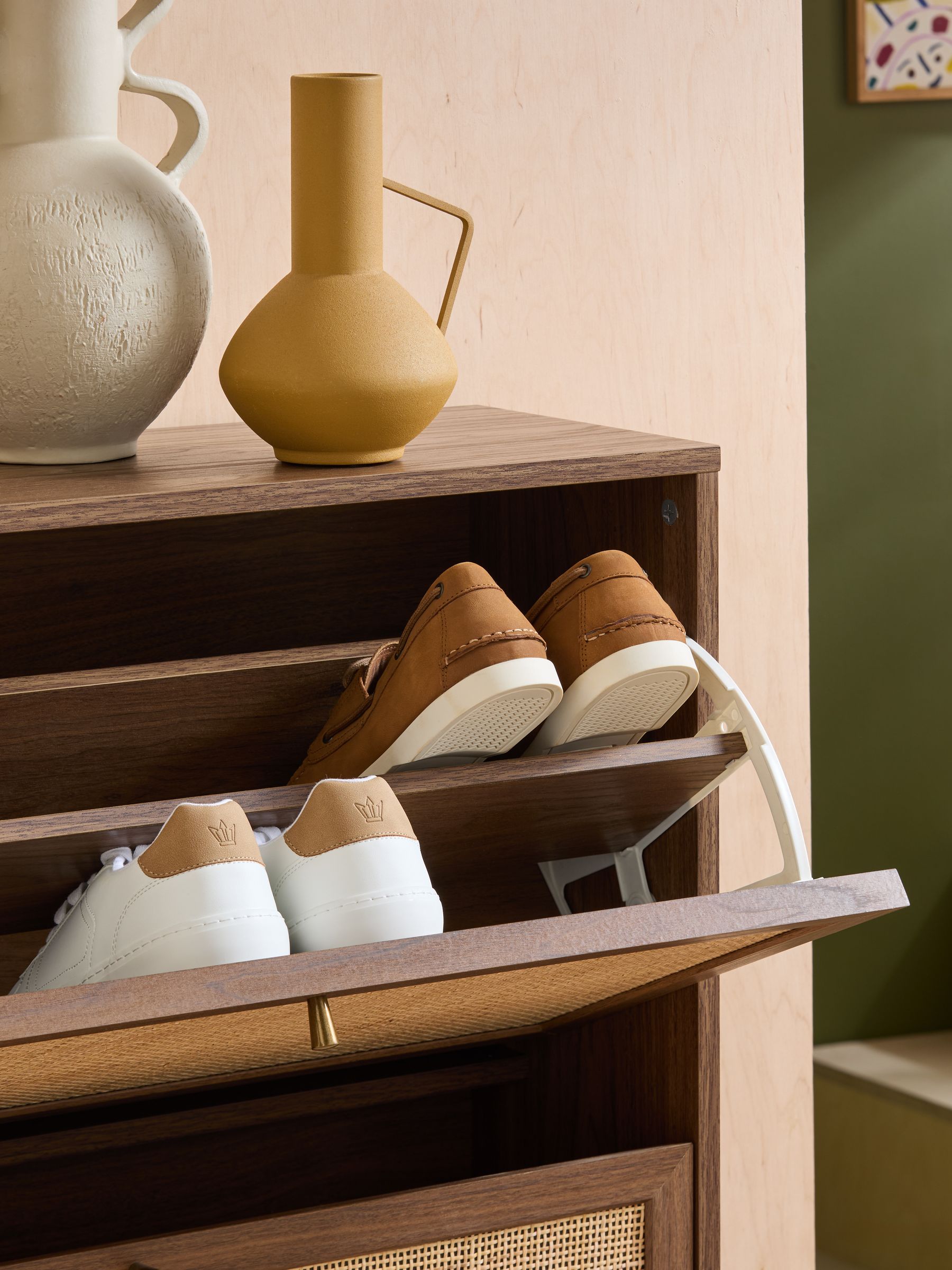 Pavia Rattan Shoe Storage in Dark Oak Effect