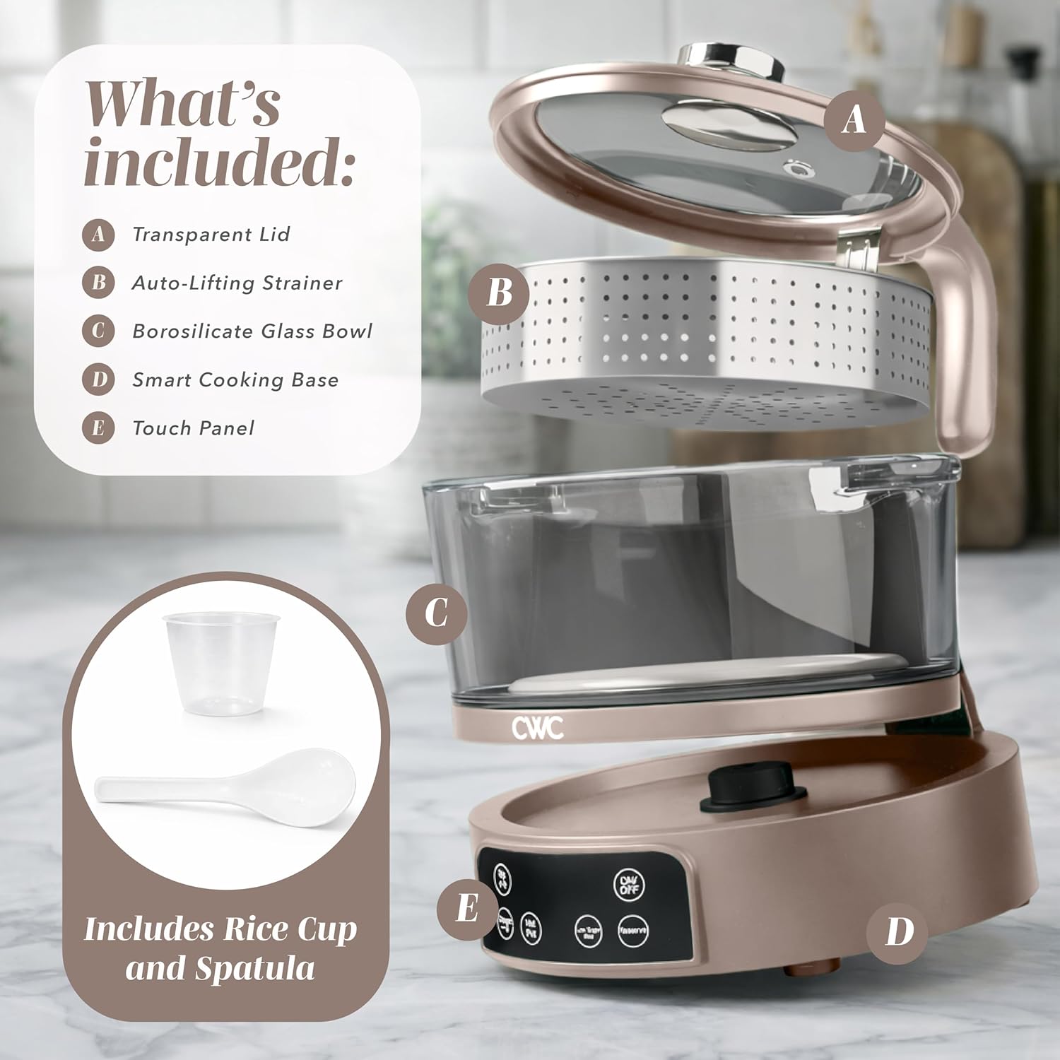 COOK WITH COLOR 3L Glass Mini Low Carb Rice Cooker – Holds 2 Cups Raw/Makes 6 Cups Cooked with Auto Lift Filter Basket, Hotpot & Steamer for Rice, Grains, Digital Panel with Keep Warm, Goat/Mink