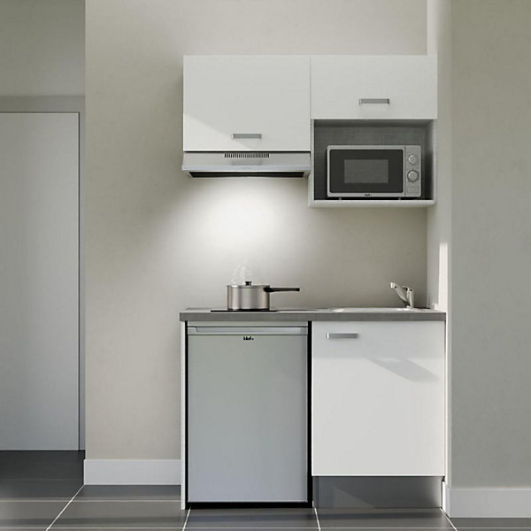 Kitchenette K02 façades Blanc - Plan de travail Gris béton - Crédences : Non - Evier inox - Electroménager Inox inclus