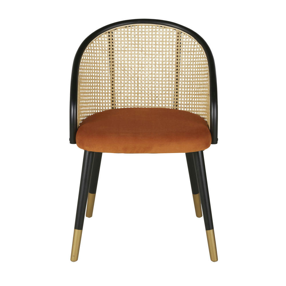 Sockette - Fauteuil de table en velours marron écureuil cannage en rotin