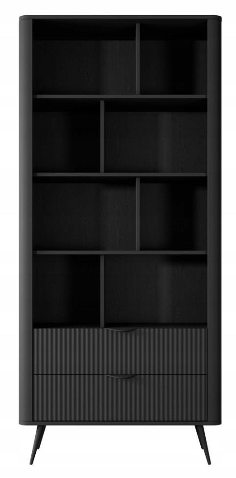 Czarny Regał LANTE 193 cm 2 Szuflady 8 Półek Frezowany Front Glamour
