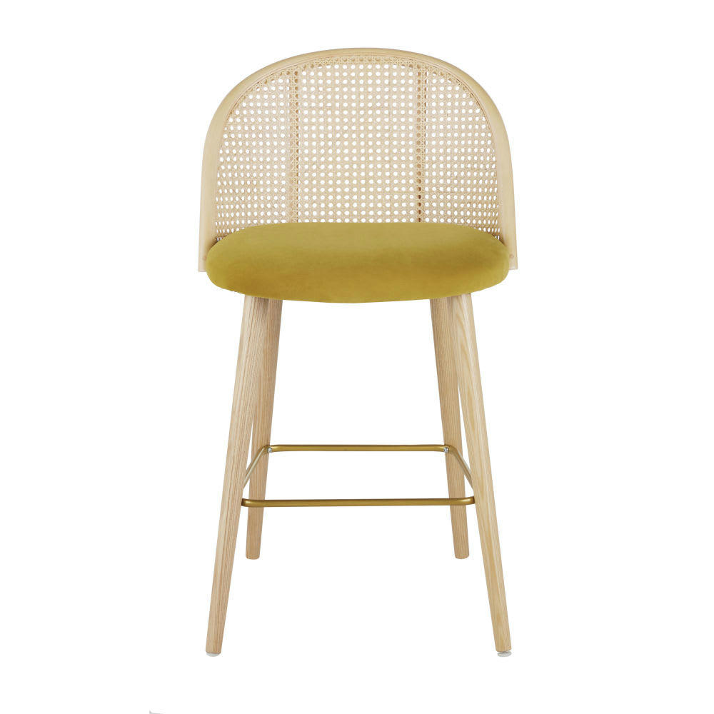 Mauricette - Chaise pour îlot central en velours jaune et cannage en rotin H64