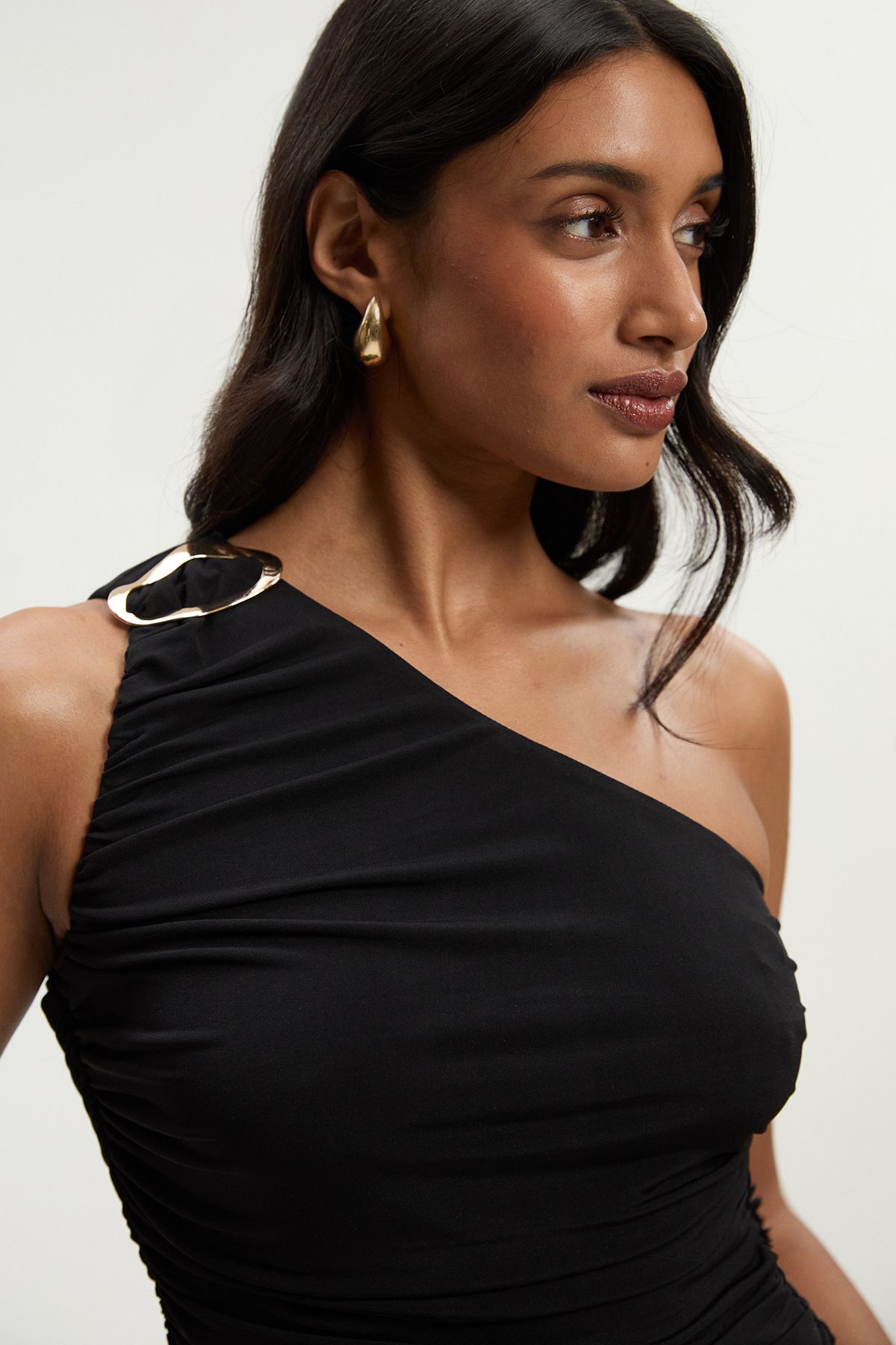KarenMillen One Shoulder Drapey Crepe Trim Detail Ruched Top