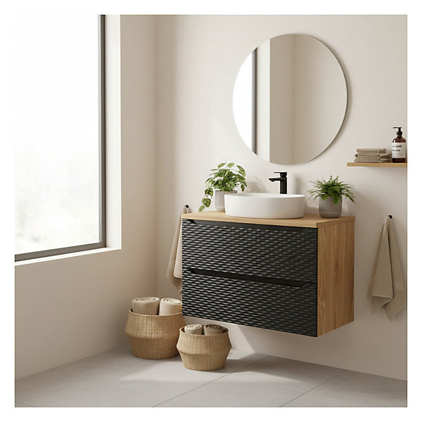 Ensemble de salle de bain YOKA noir : meuble sous vasque à tiroirs 60 cm et plan vasque