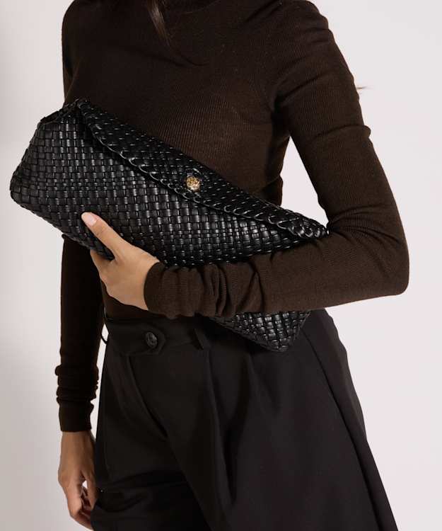 Encourage Black - Woven Clutch With Cross Body Strap Bag