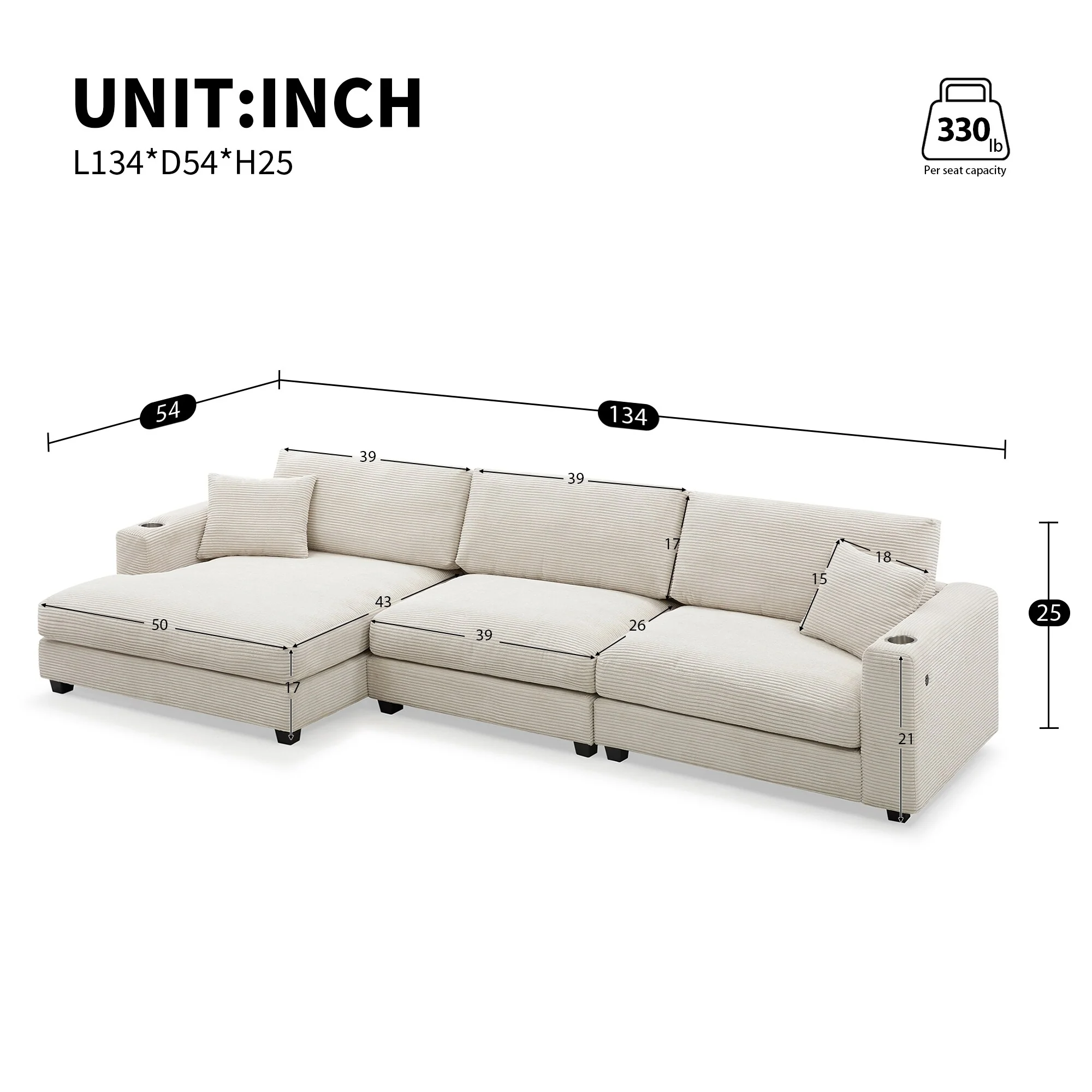 Oversized Corduroy Sectional Sofa,L Shaped Cloud Couch with USB Charging Port,Cup Holder,Deep and Wide Seat Sofa with 50 Chaise