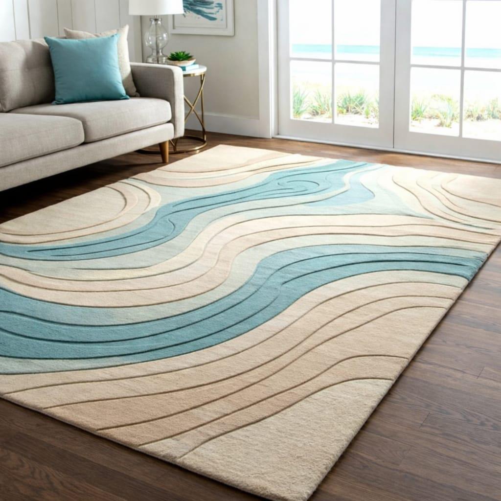 Hand Tufted Teal Ivory Wave Rug, Coastal Wavy Stripe Wool Carpet, Ocean Inspired Floor Mat for Living Room Decor