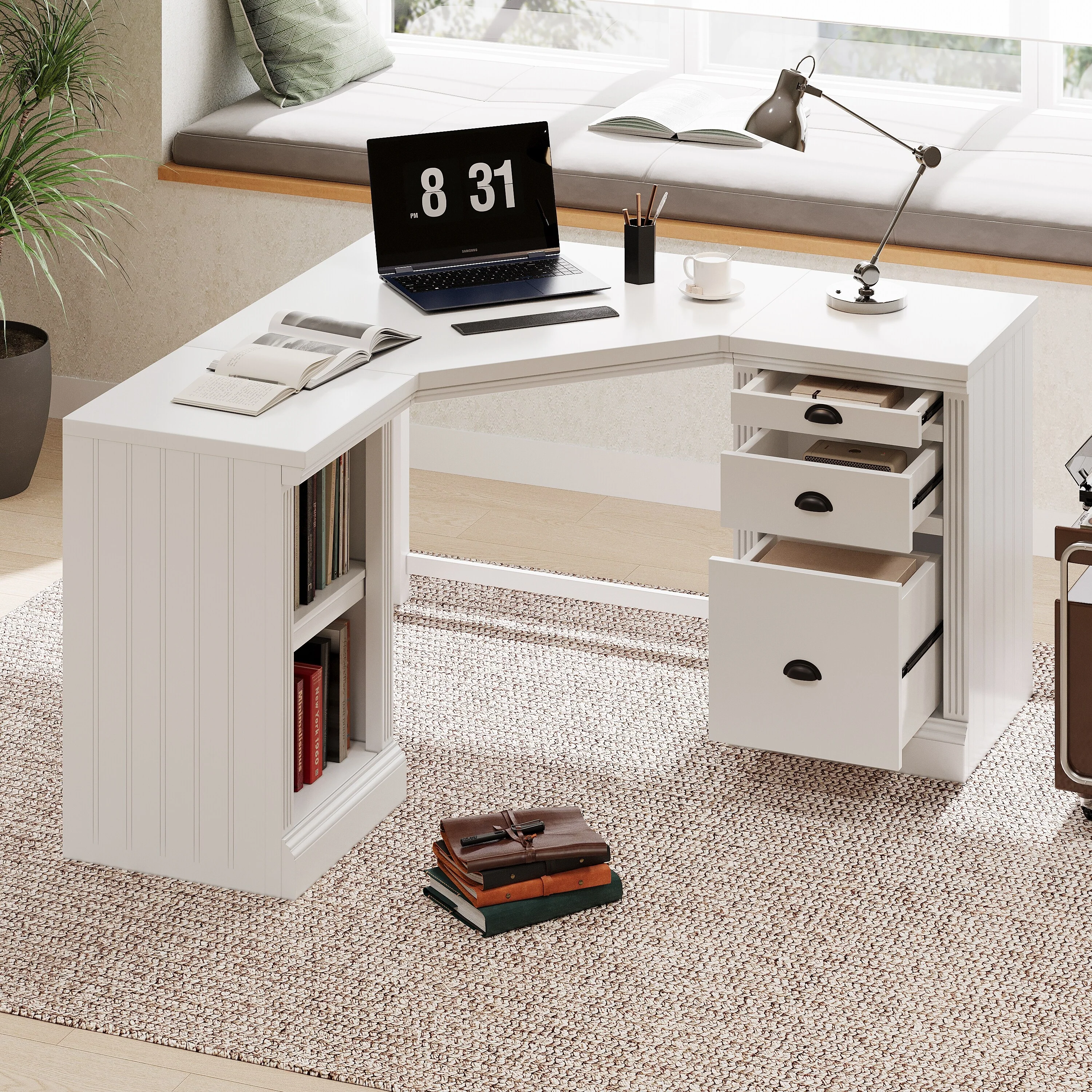 Modern L-Shaped Office Desk Corner Writing Desk Executive Desk with Open Shelves and Storage Silent Drawers