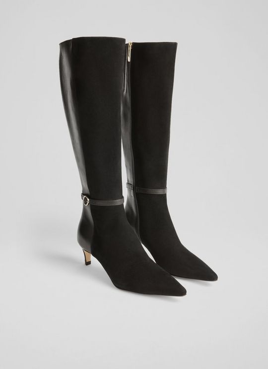 Darla Black Suede and Leather Round Buckle Knee High Boots