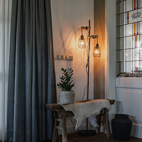 Lampadaire rustique noir avec bois 2 lumières avec abat-jour - Dami Frame