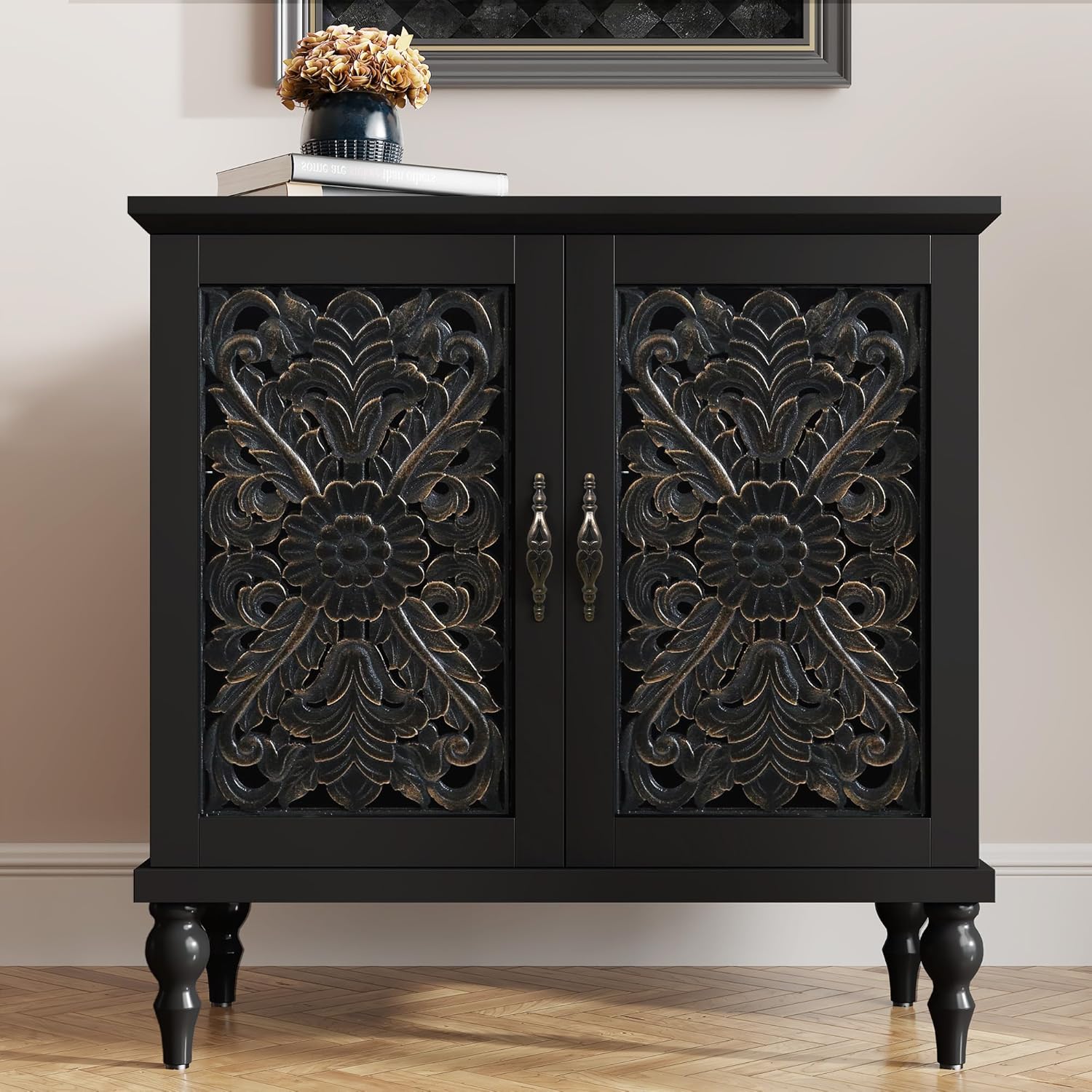 ARTPOWER Accent Cabinet with 2 Doors, Vintage Carved Wood Storage Cabinet, Sideboard Buffet Cabinet with Storage Credenza for Living Room, Kitchen, Dining Room, Entryway, Hallway, Black
