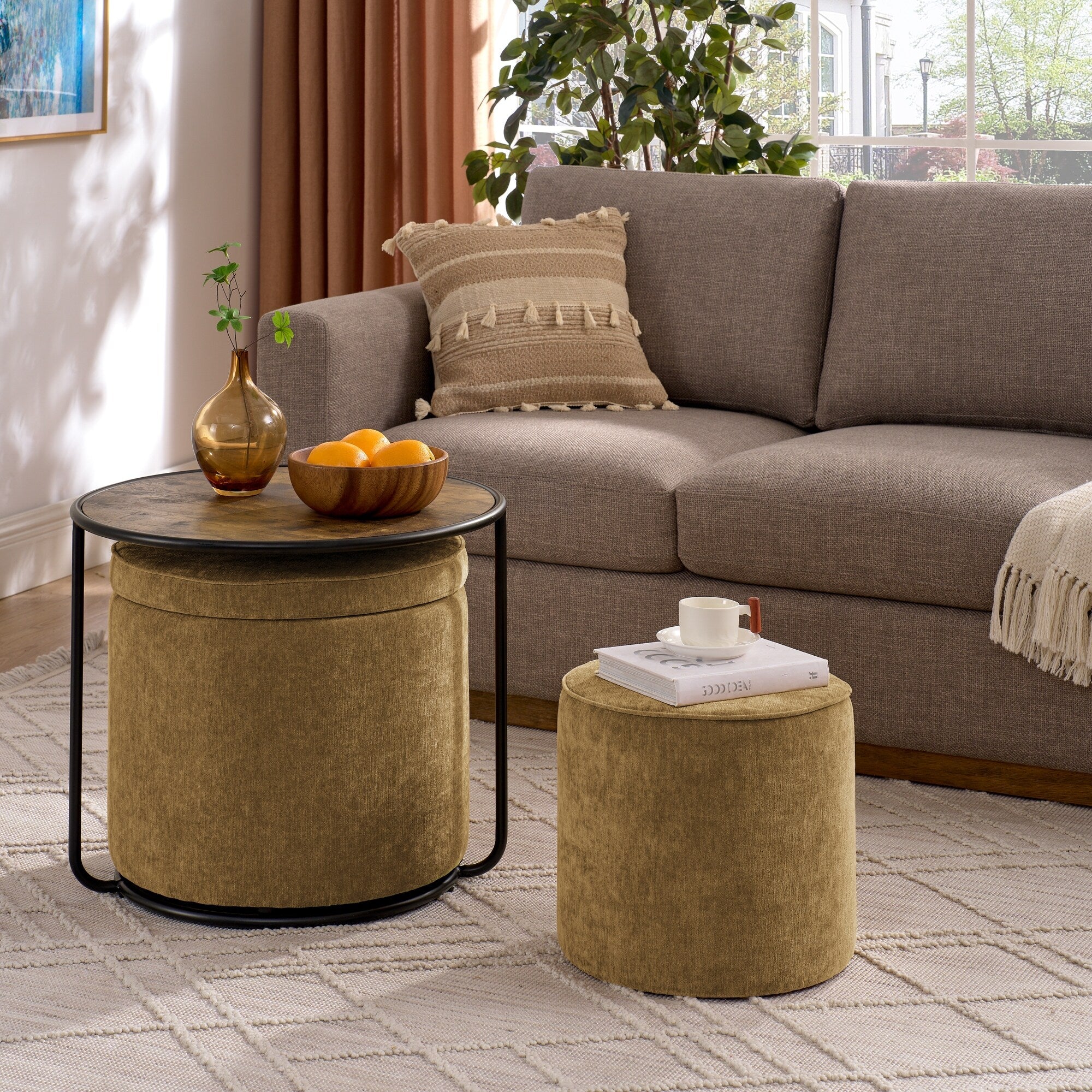 Ottoman, multifunctional combination set table Ottoman, combination of Ottoman and table, with drum stool, with storage space
