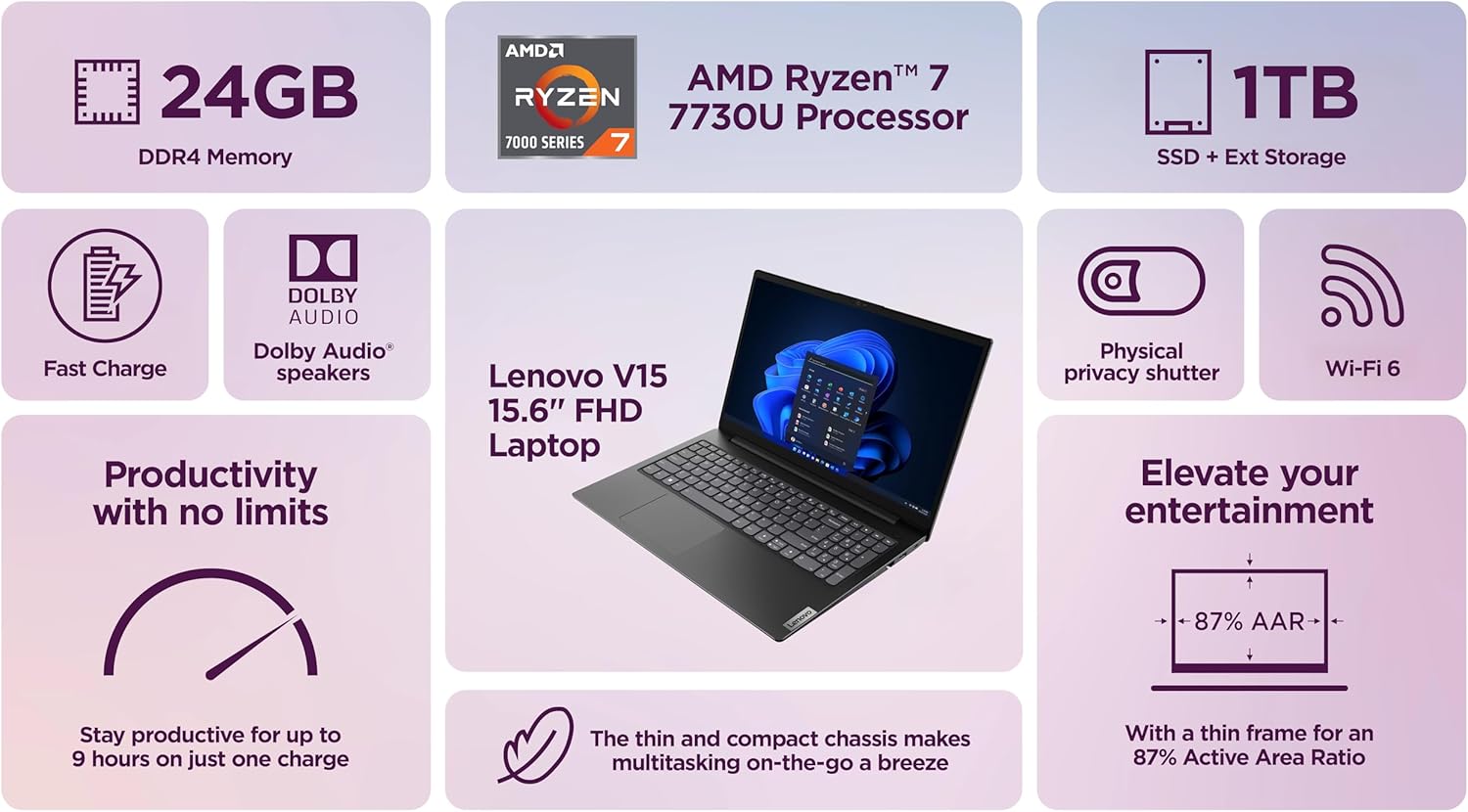 Lenovo V15 Business Laptop Premium  15.6” FHD Display  Lifetime MS Office  8-Core AMD Ryzen 7 7730U  24GB RAM  1TB Storage (512GB SSD + 500GB Ext)  Wi-Fi 6  RJ-45 NumPad  MarxsolAccessory  Win 11 Pro