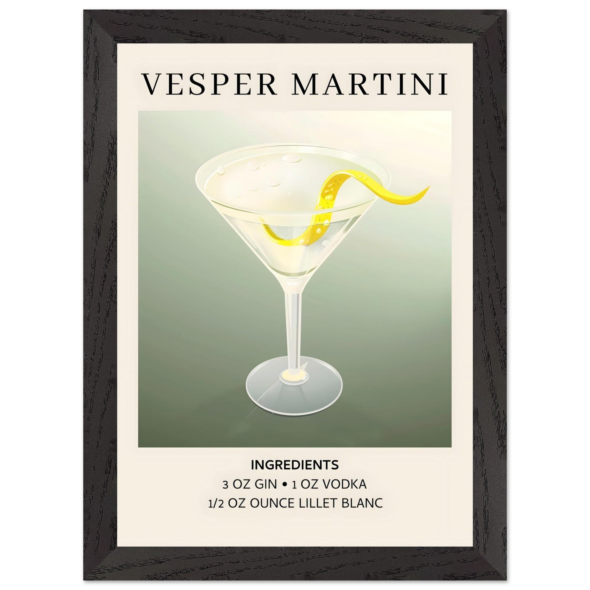 Artfulprints Poster met Lijst Vesper Martini cocktail - Ingrediënten  - A4 21x29.7 cm - Grijs