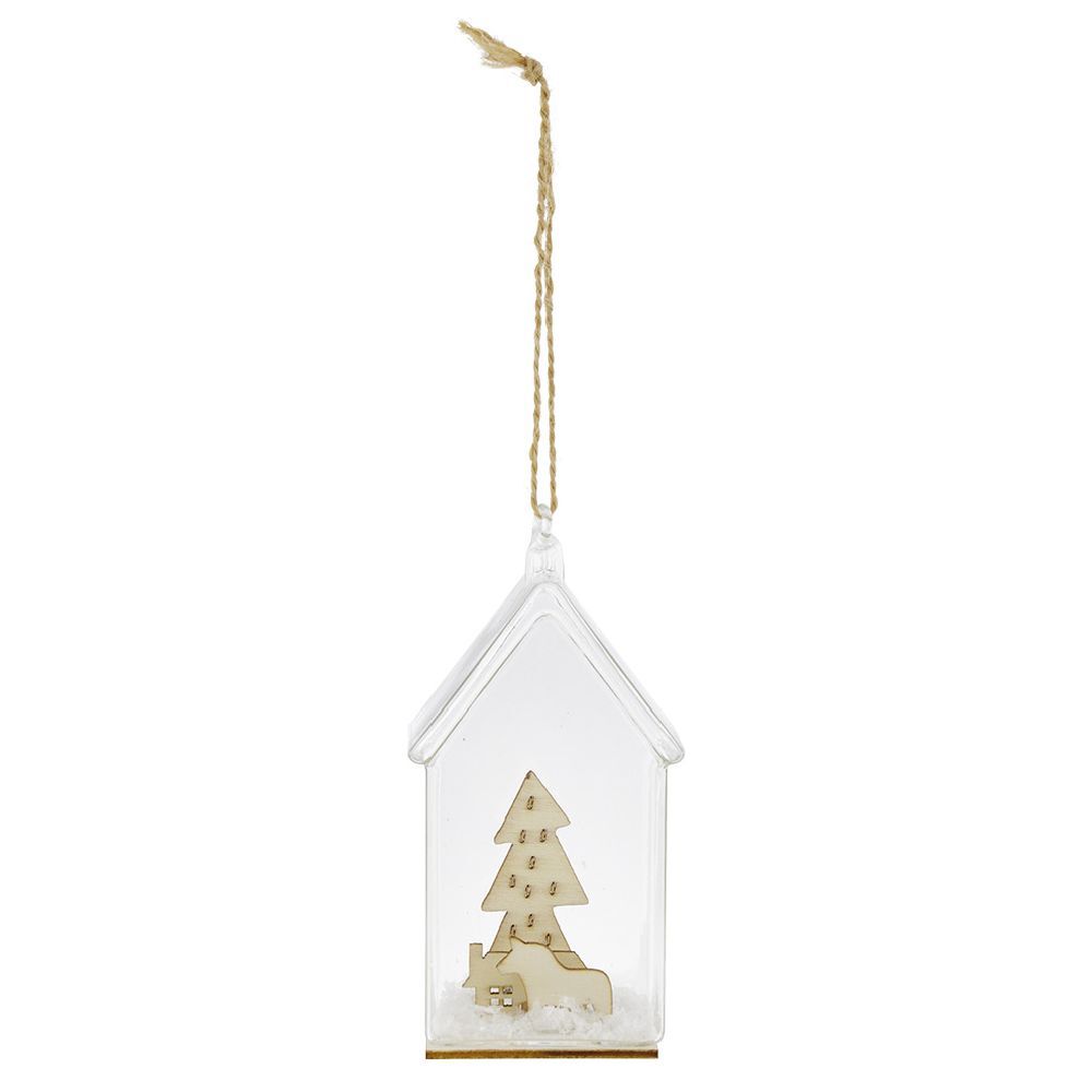 Décoration à suspendre maison en verre avec sapin en bois H12cm