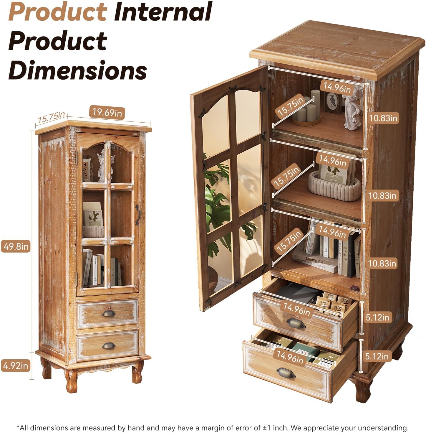 Tall Storage Cabinet with Glass Door & 2 Drawers — Vintage Wood Display Cabinet, Single Door Cabinet with Shelves, Wood Storage Cabinet for Living Room (Solid Wood Frame + MDF)