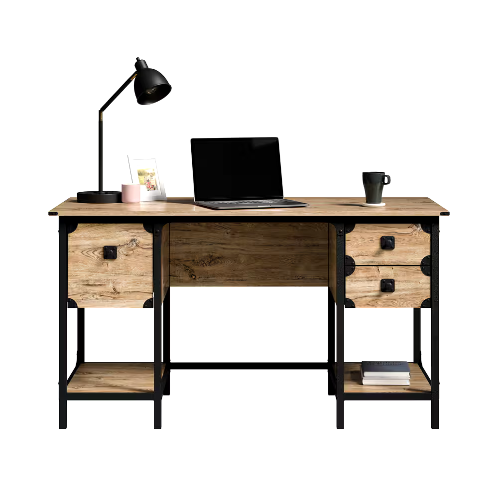 Sauder Steel River Double Pedestal Desk with Storage, Milled Mesquite
