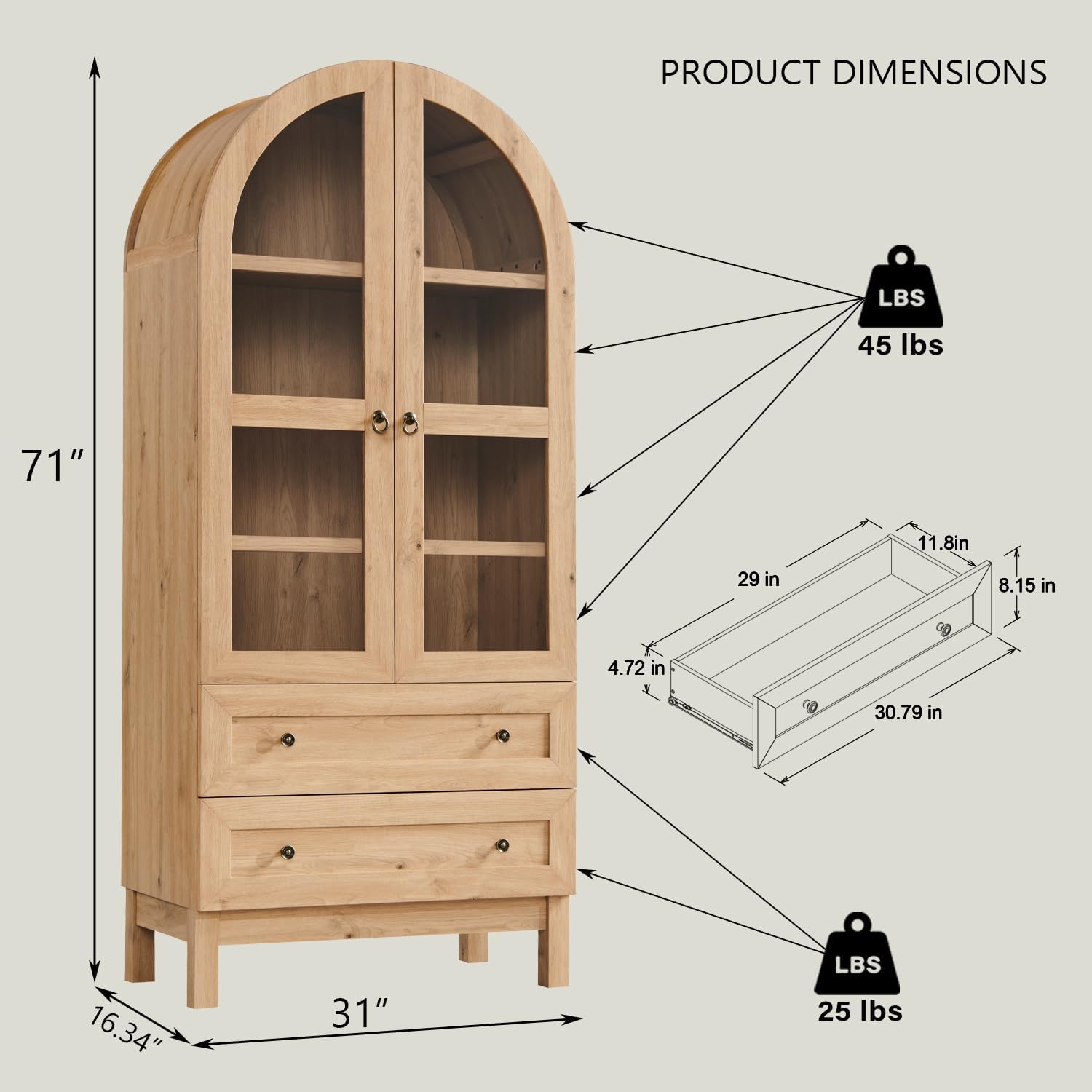 71 Tall Arched Kitchen Pantry, Modern Farmhouse Wood Kitchens Storage Cabinets with 2 Large Drawers and Adjustable Shelves, Versatile Cupboard for Kitchen, Dining Room, Bathroom, Natrual