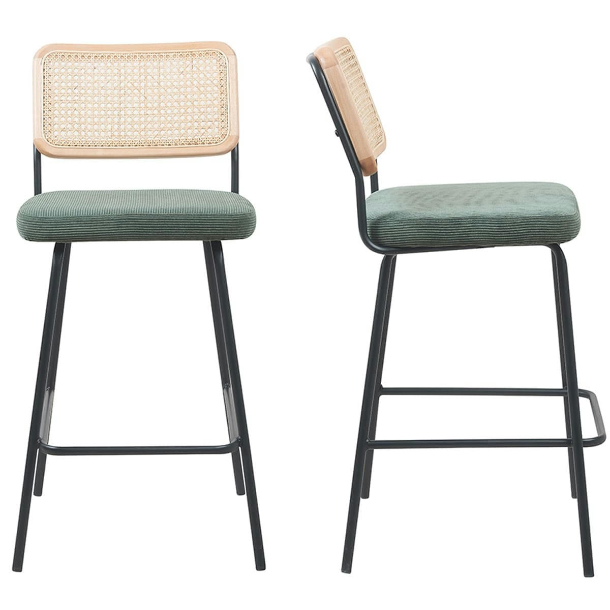 MUSE - Lot de 2 tabourets de bar en velours côtelé vert et cannage naturel