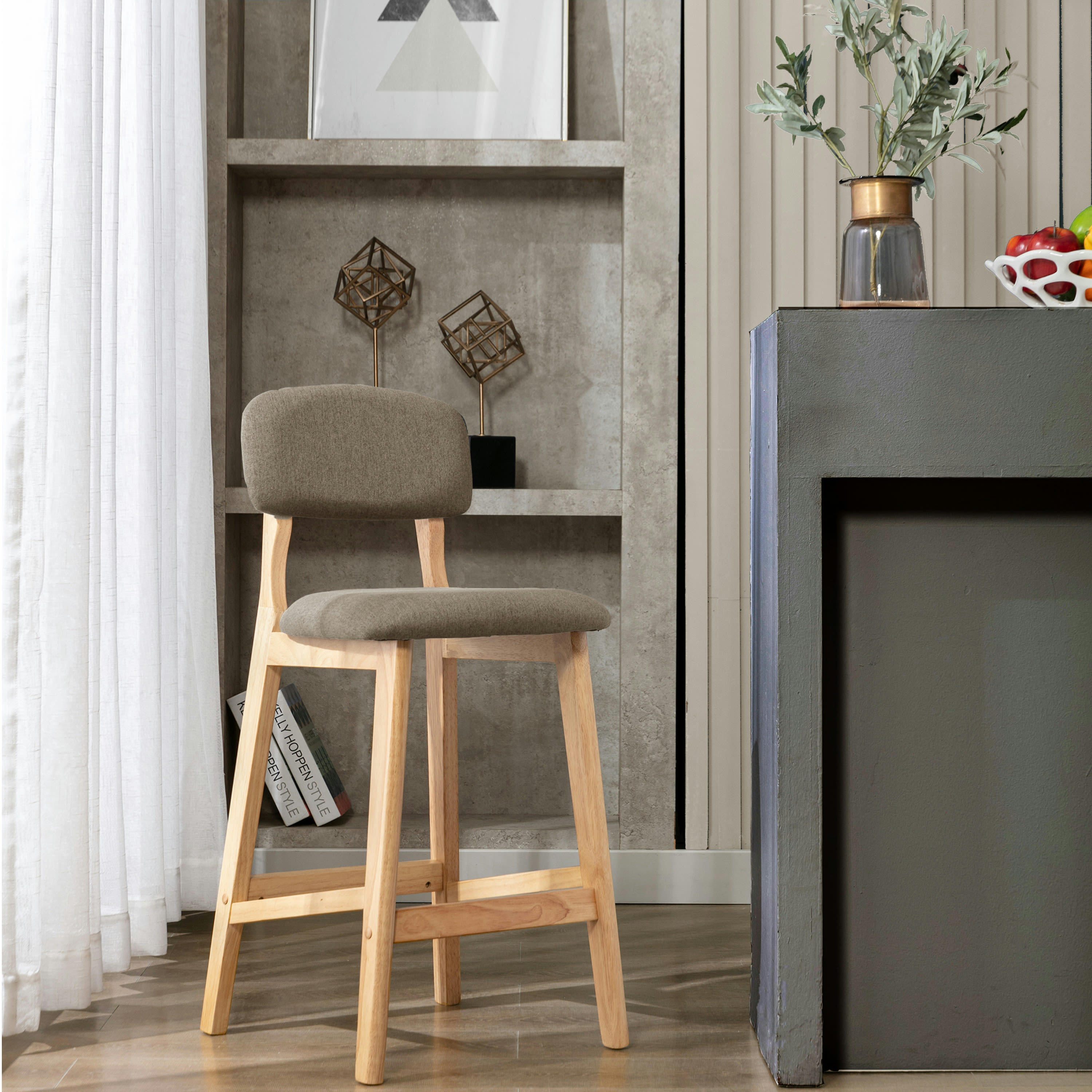 - Tabouret de bar en tissu Marron Clair et hévéa naturel (x2)