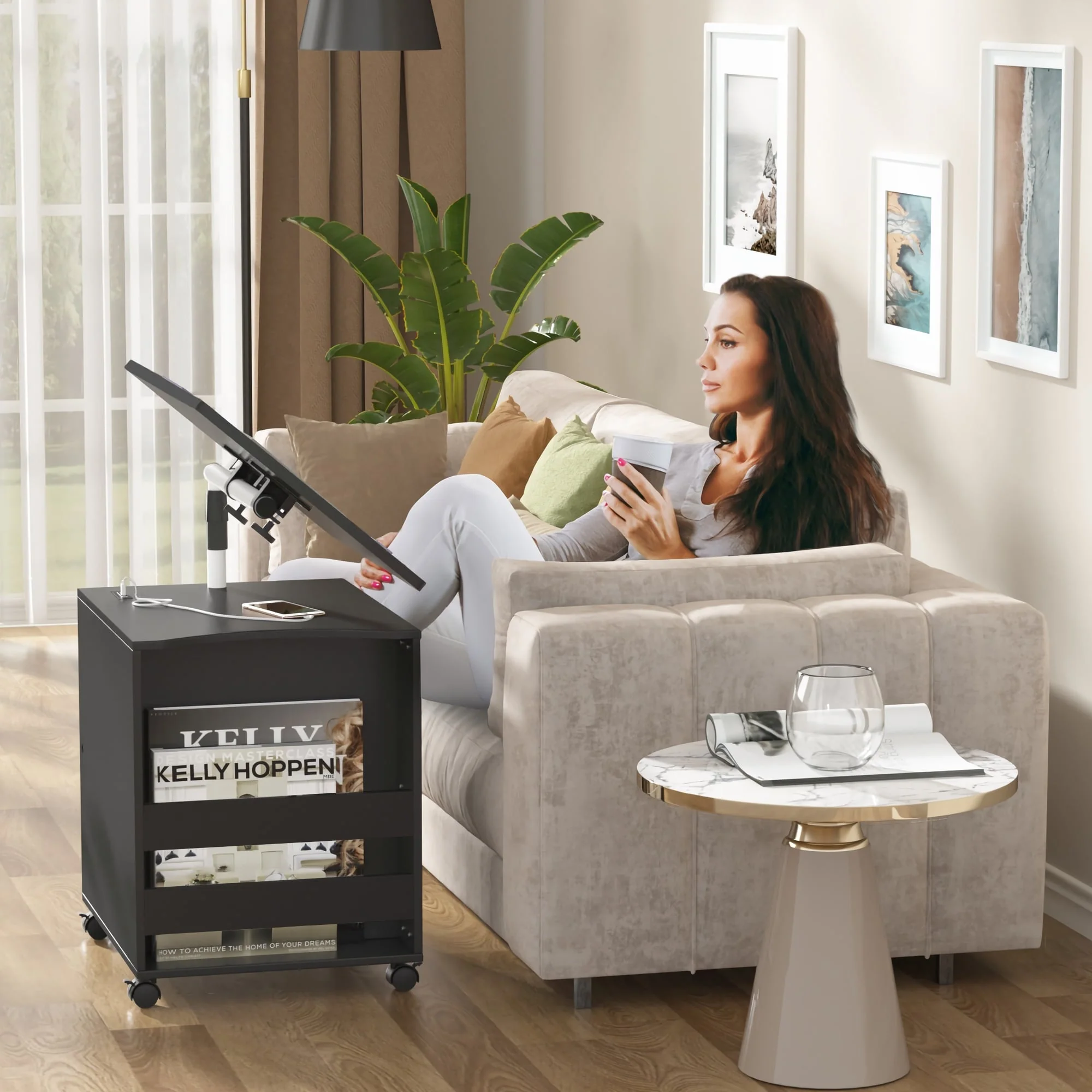 Furniwell Nightstand with LED, Type C USB Port, Removable Side Table, Modern Night Table