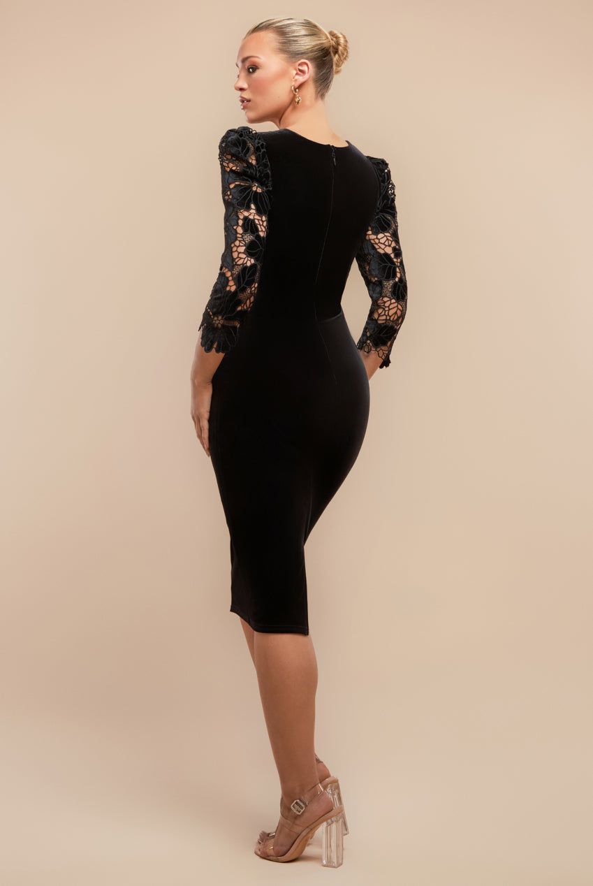 Goddiva Scalloped Crochet & Velvet Midi Dress