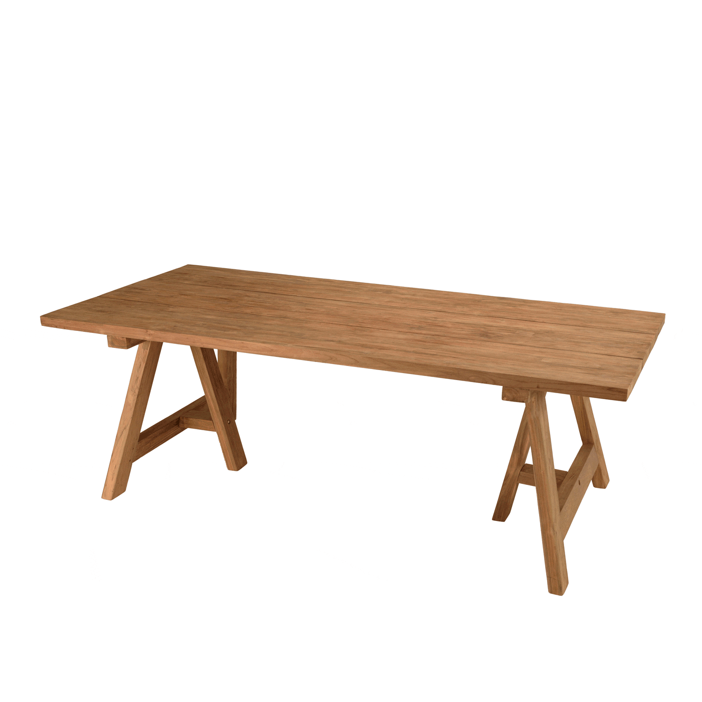 Salon de jardin teck naturel 1 table pieds tréteaux 220 cm   6 chaises résine tressée MANY