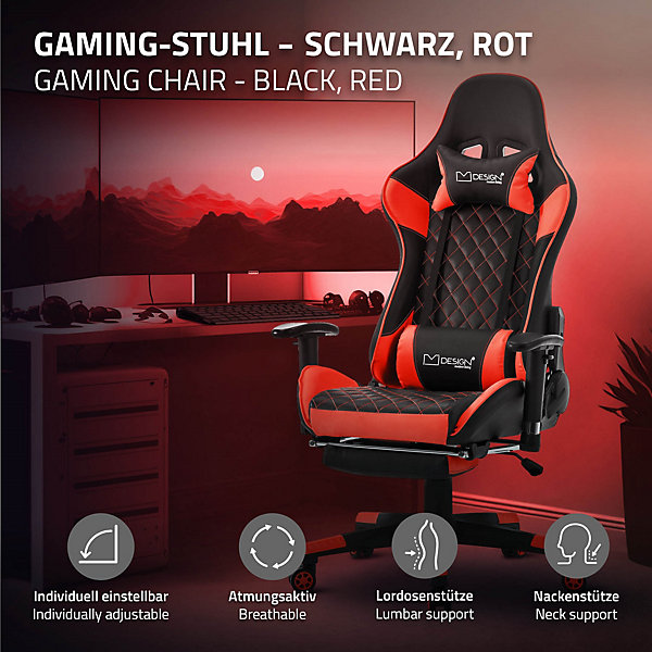 Chaise de jeu d'ordinateur pivotante et réglable ergonomique chaise noir-rouge