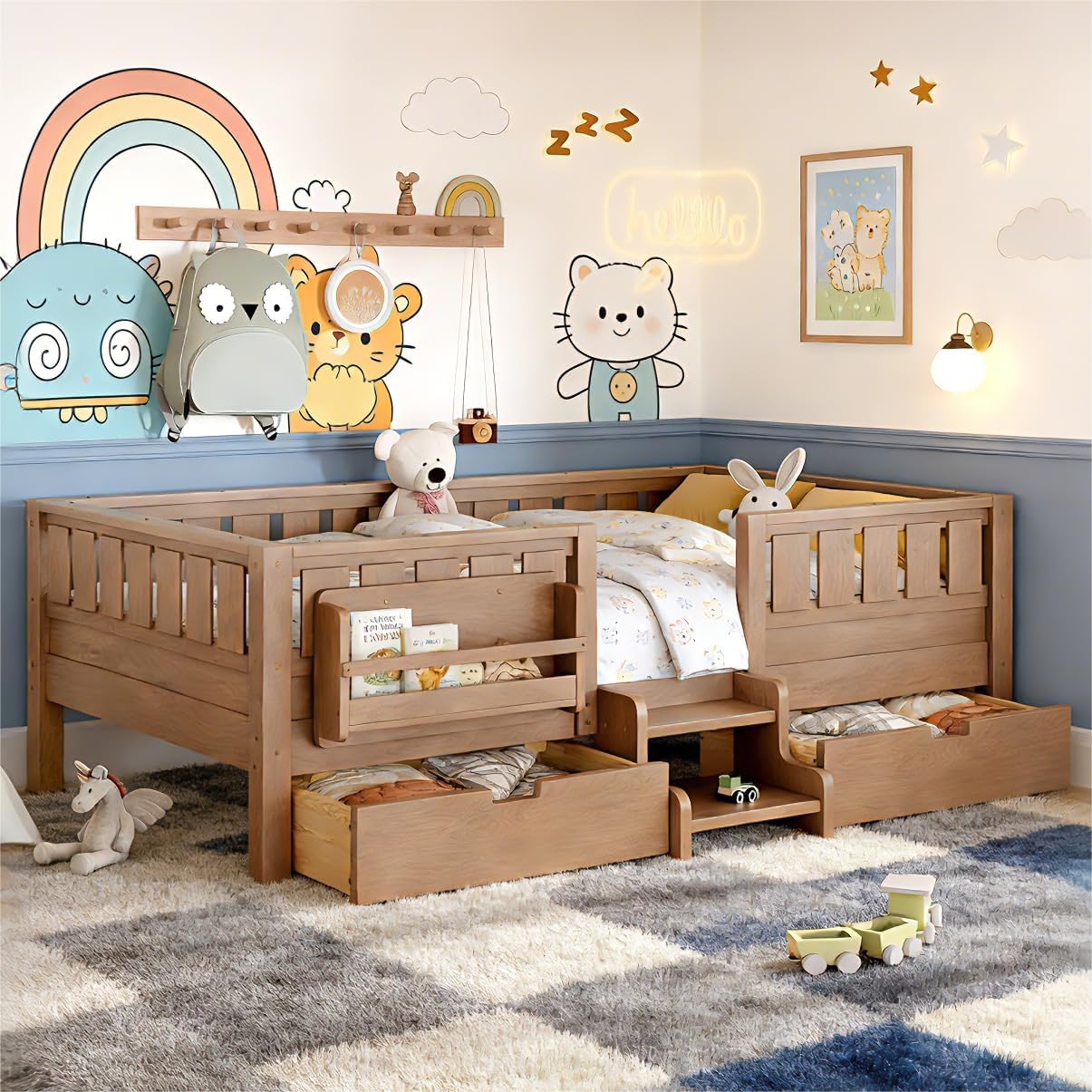 Bellemave Twin Bed with Storage Drawers & Bookshelf, Low Profile Kids Bed Frame with Staircase & Full Length Guardrails, Solid Wood Twin Bed for Kids with Slats Load 300LBS, Easy Assembly, Oak Brown