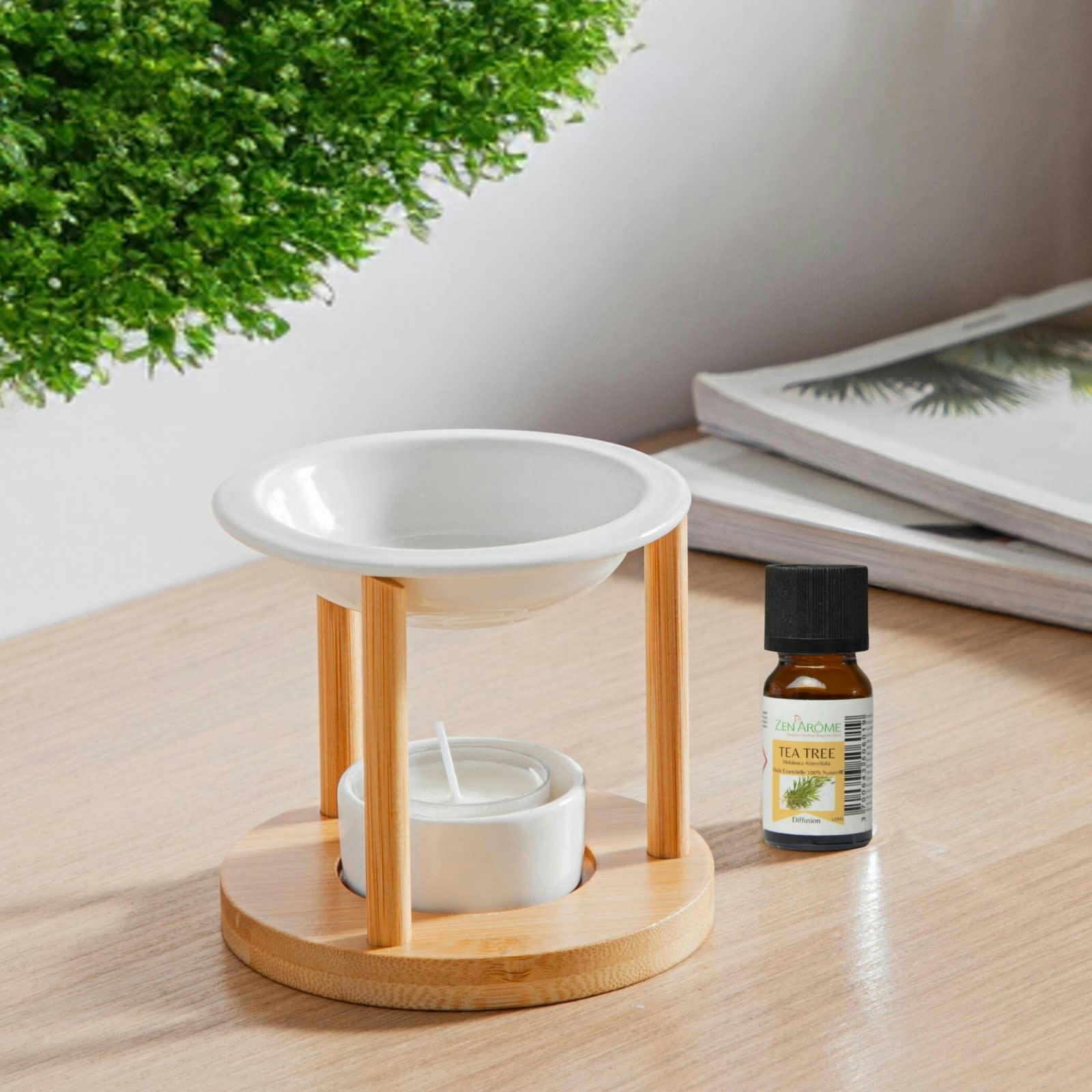 SIMPLICITY - Brûle parfum athena en bambou et céramique blanche - H10cm