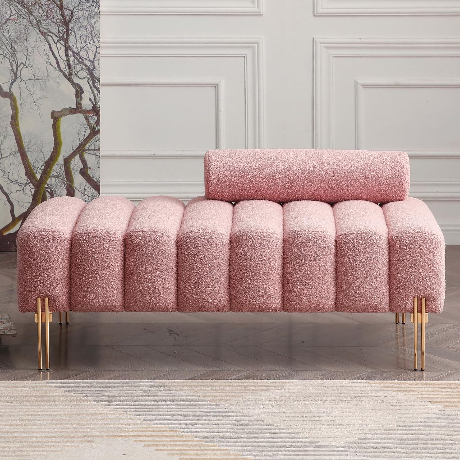 NIOIIKIT 53.2 Modern Loveseat Sofa Couch, Upholstered Accent Sofa with Golden Legs and Adjustable Backrest, Small Teddy Fleece Couches for Bedroom, Living Room, Compact Small Space (Pink Teddy)