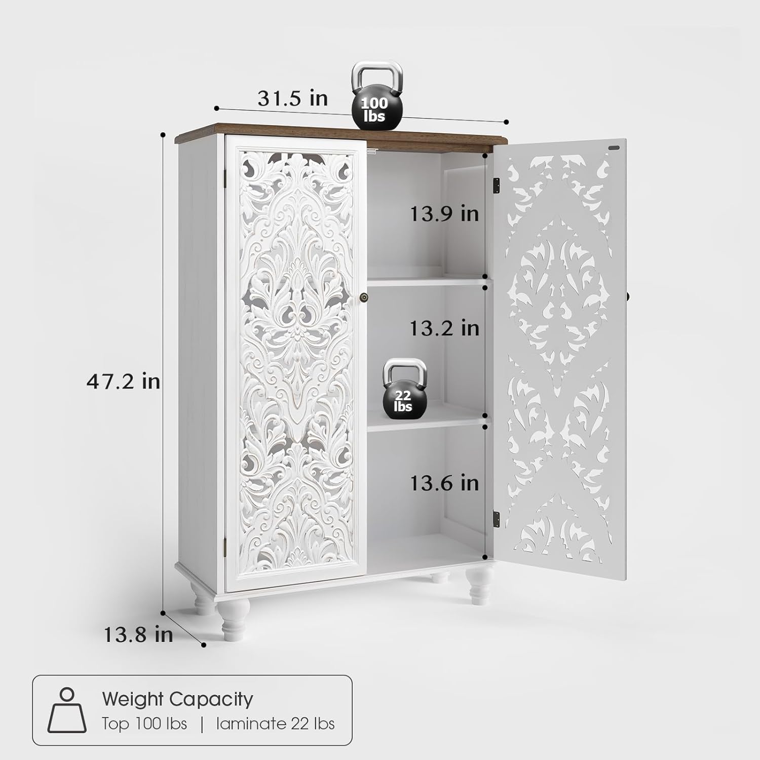 JOINICE 47 Tall Accent Cabinet with Carved Doors, Distressed White Wood Storage Cabinet with 3-Tier Shelves, Boho Farmhouse Sideboard Buffet for Small Spaces, Entryway & Living Room