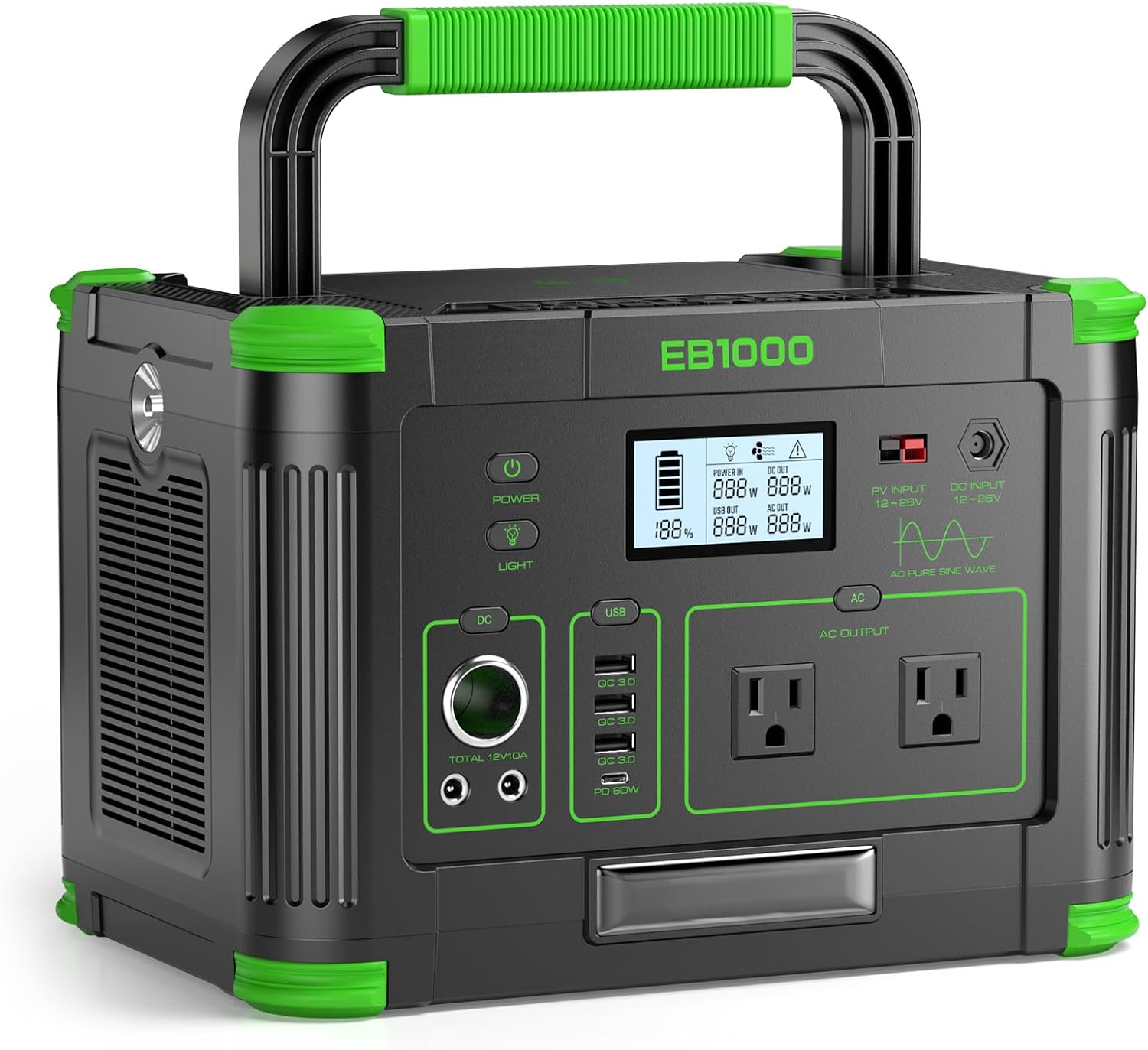 Portable Power Station 1000W (Peak 2000W)  999Wh Solar Generator  110V Pure Sine Wave AC Outlet with PD 60W USB-C Fast Charging  Outdoor Camping RV Van Home Backup Off-Grid Living