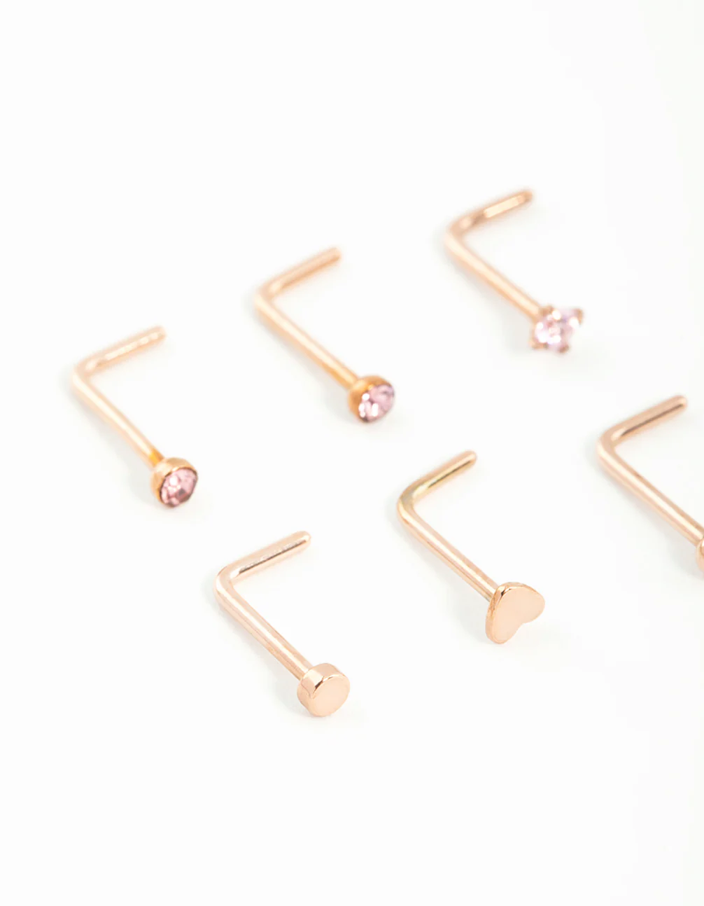 Rose Gold Plated Surgical Steel Heart & Diamante Nose Studs 6-Pack
