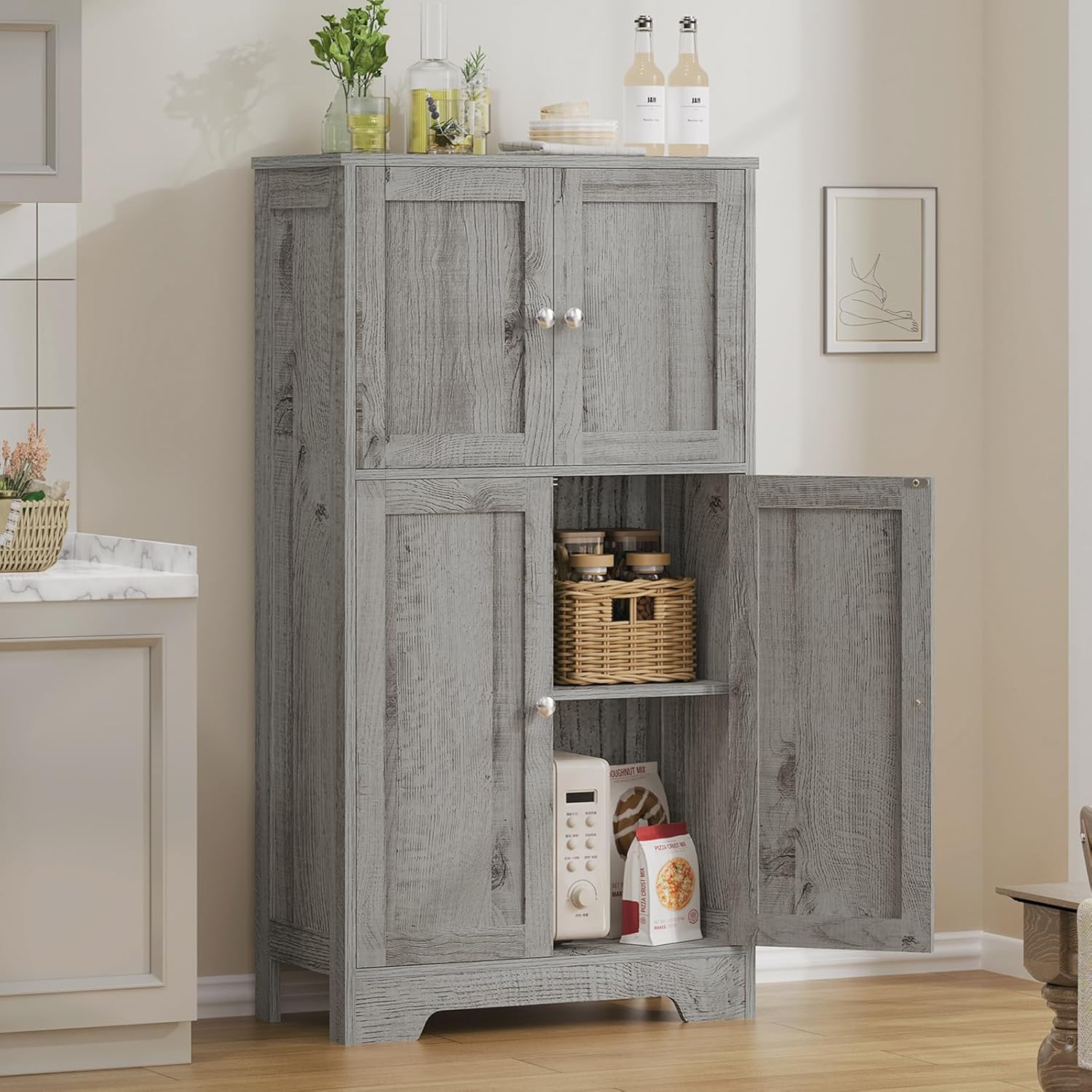 TEENFON Bathroom Floor Storage Cabinet, Freestanding Bathroom Storage Unit with 2 Adjustable Shelves & 4 Doors, 11.8 x 23.6 x 42.7 Inches, Grey