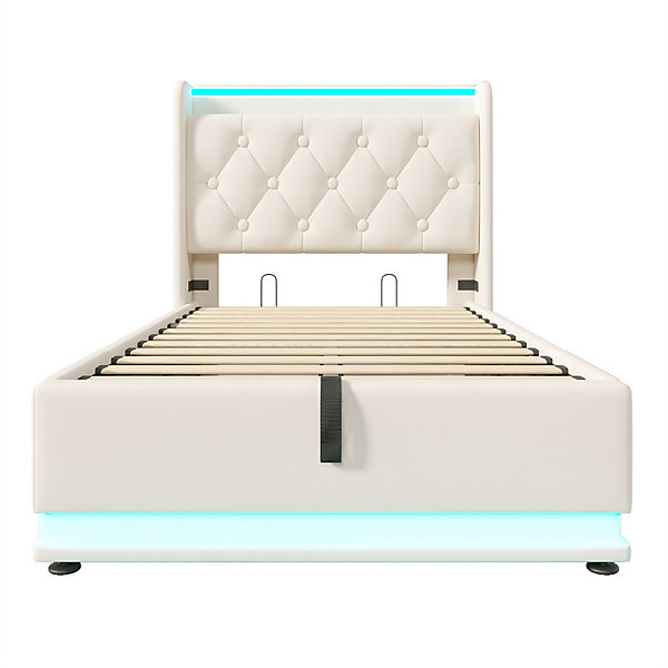Lit adulte lit 90x200 cm lit rembourré hydraulique lit appui-tête rembourré avec fonction de recharge usb type-c Single pu blanc