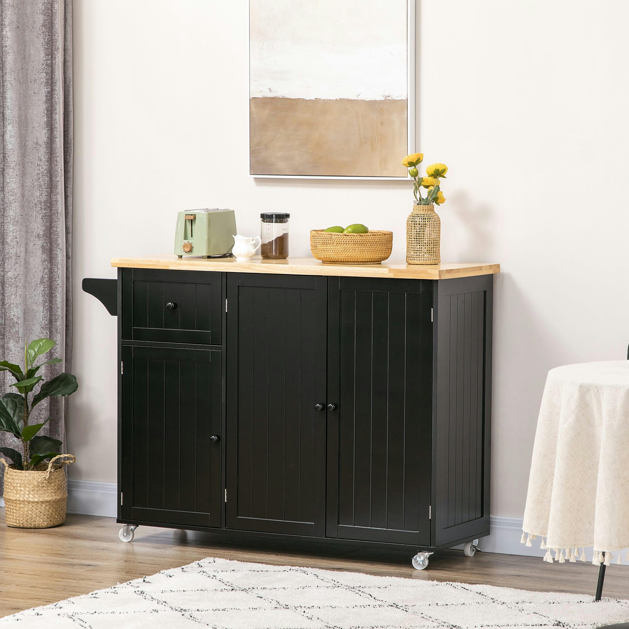 - Desserte de cuisine tiroir 3 portes avec étagère noir hévéa