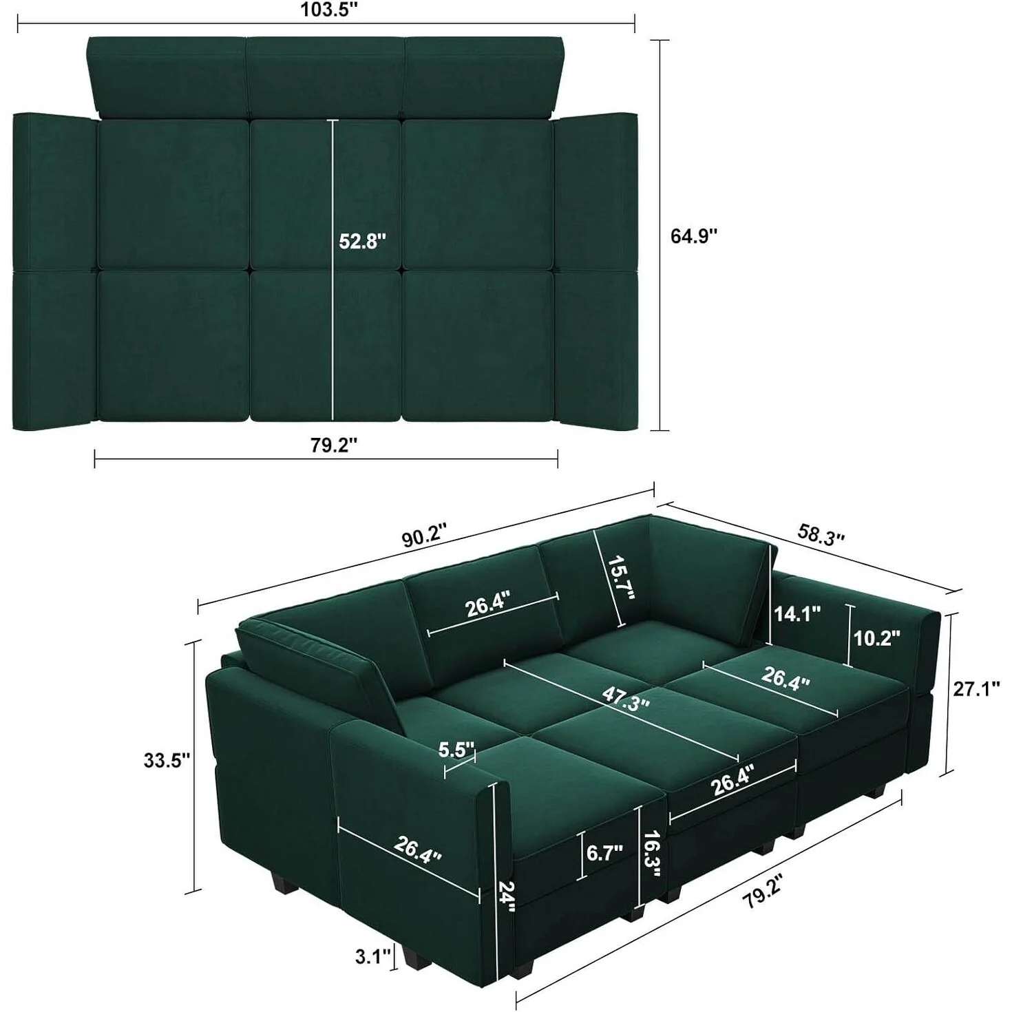 Modular Velvet Sectional Sofa with Chaise Lounge - Sleeper Sofa with Storage Chaise Bed for Living Room, Green