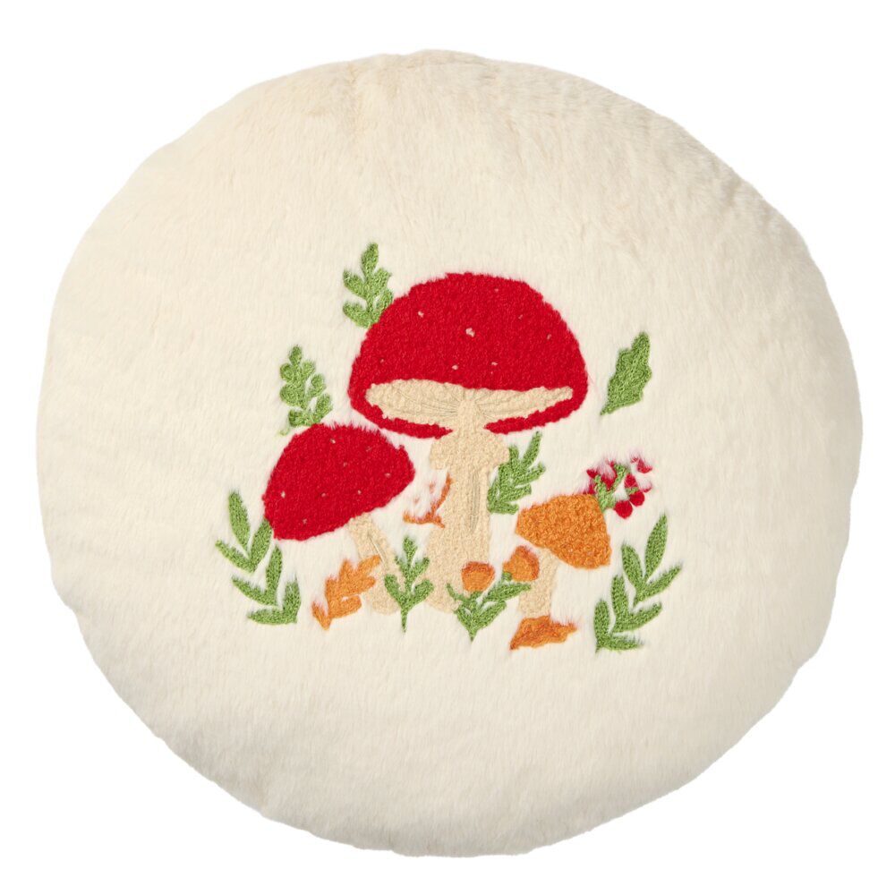 Coussin rond bouclette motifs végétal et champignons Ø40cm
