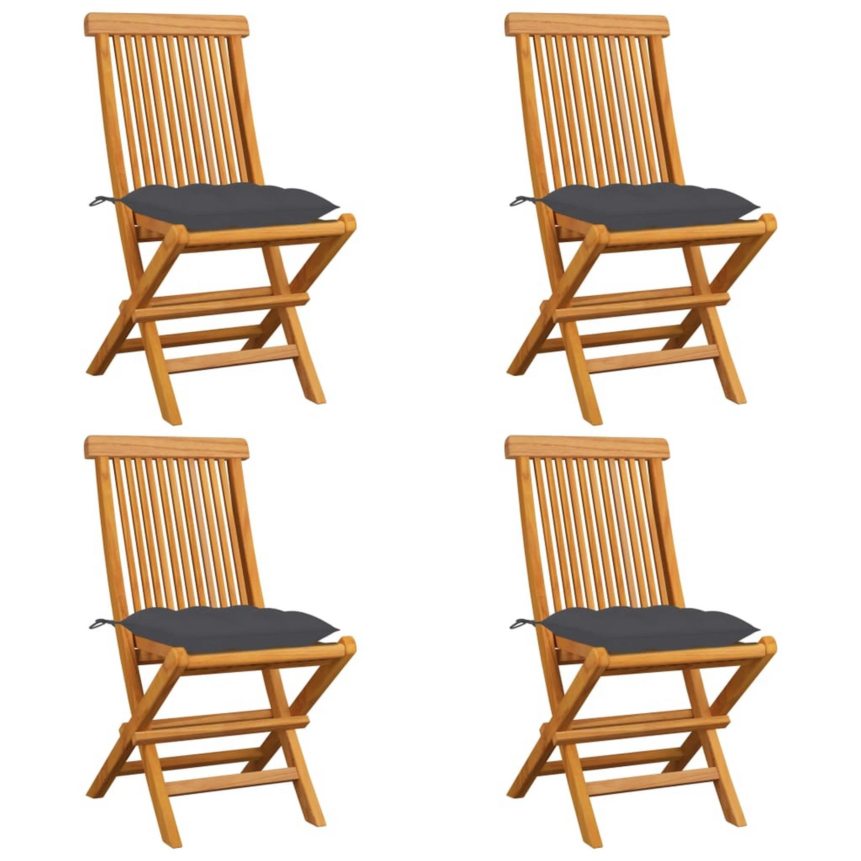 Outdoor Dining Folding Chairs Set of 4, Gray Cushions, Brown Teak Wood
