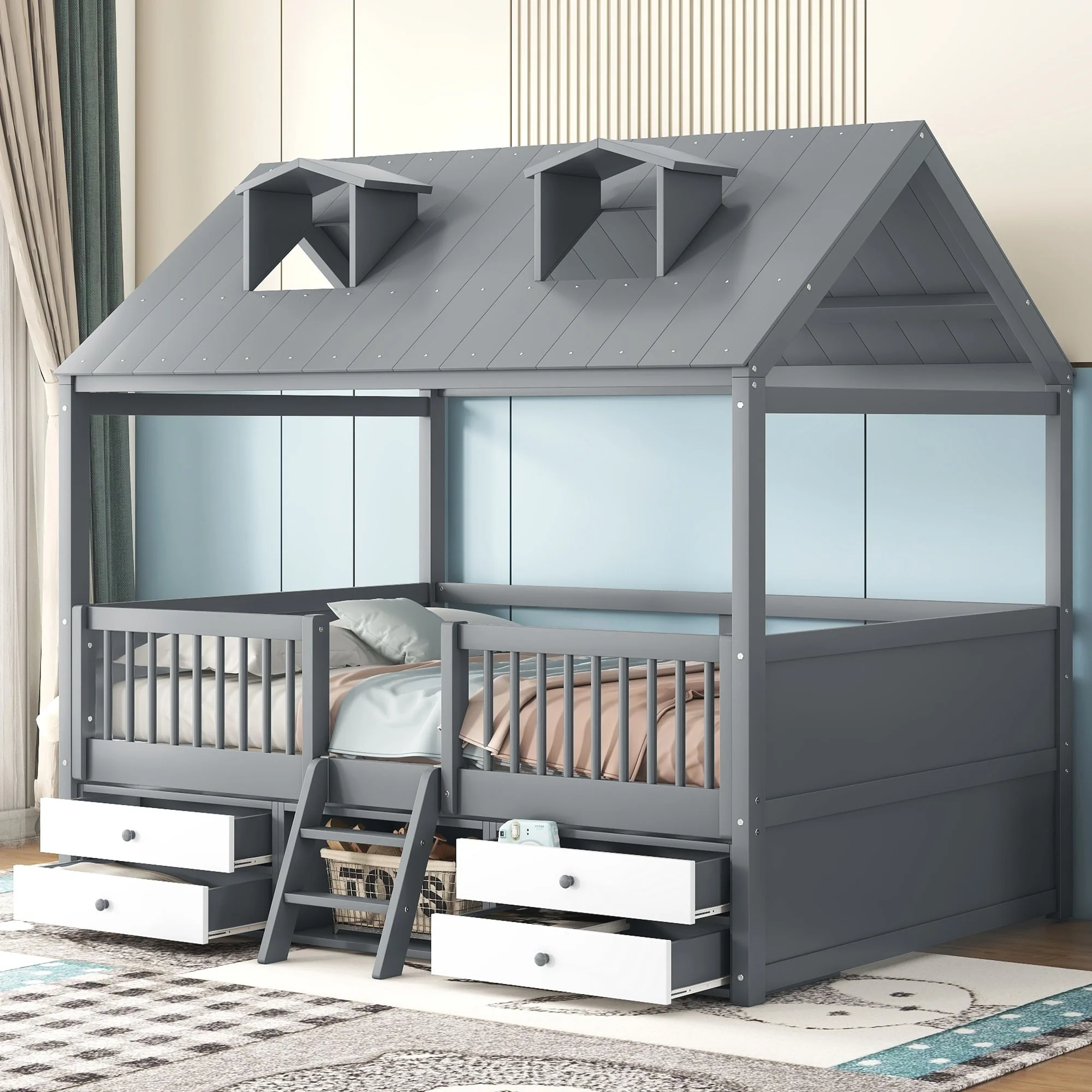 Twin Size Wood House Bed Frame with Skylights and Storage, Playful Design for Kids