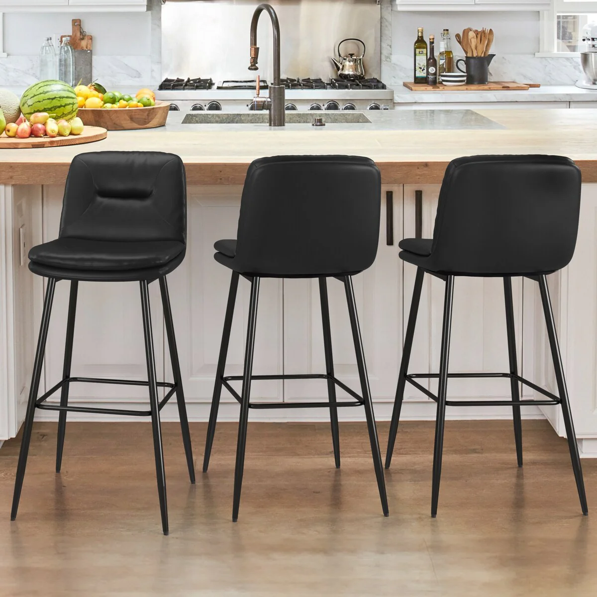 LUE BONA Indoor Bar Stools, Double-Layer Faux Leather Upholstered Counter Height Bar Stools with Back and Footrest Set of 3