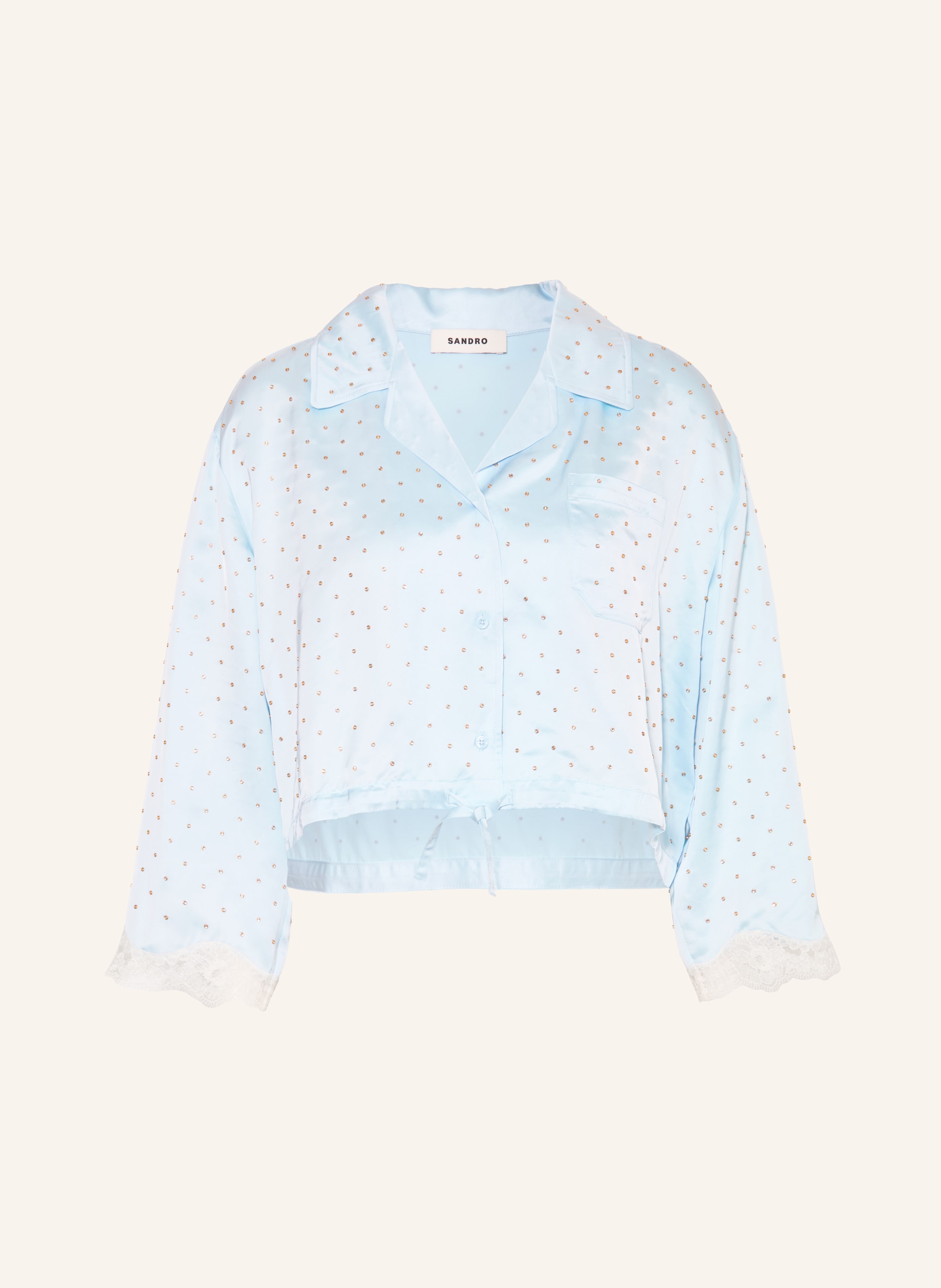 SANDRO Satinbluse mit Schmucksteinen und Spitze